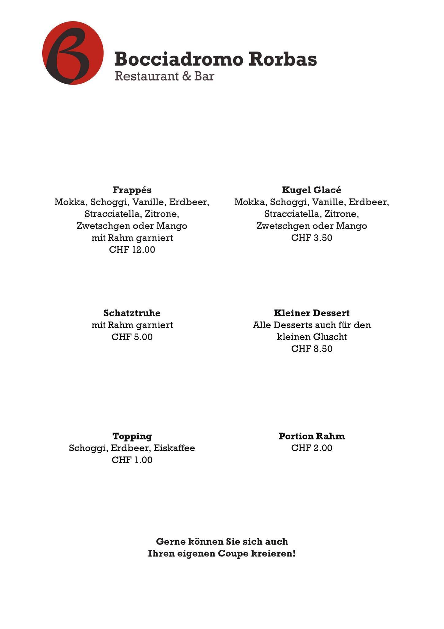 Menu de Restaurant Bocciadromo
