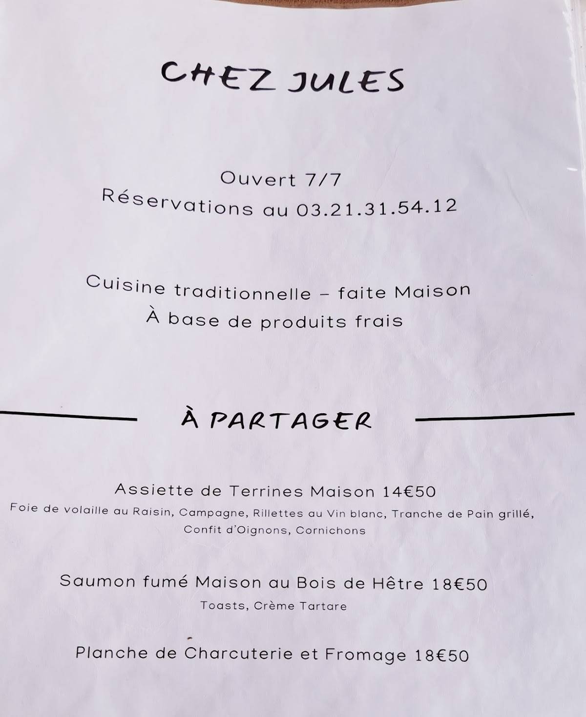 Menu de Chez Jules