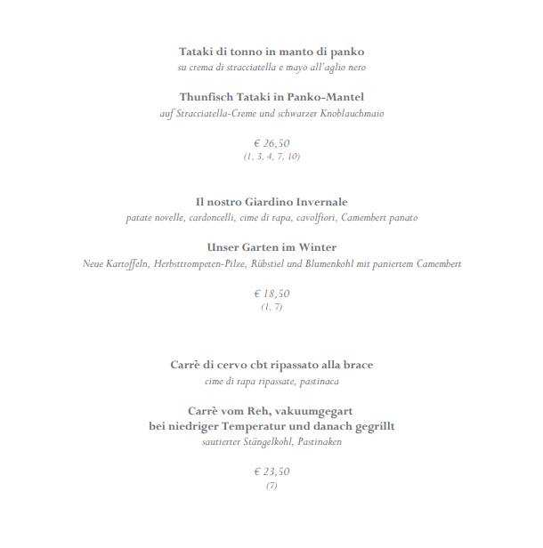 Menu di Lè Fantasy - La tradizione dell'arte 