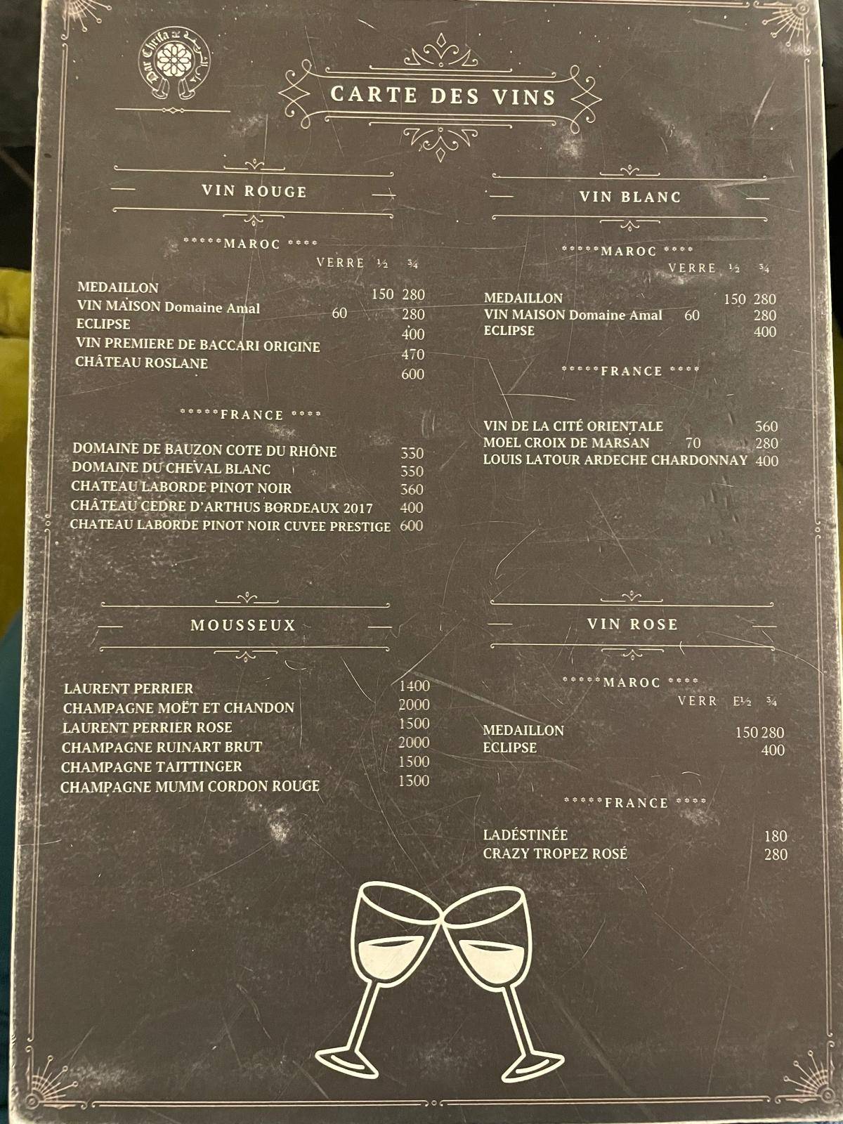 Menu de Riad Dar Chrifa Rabat