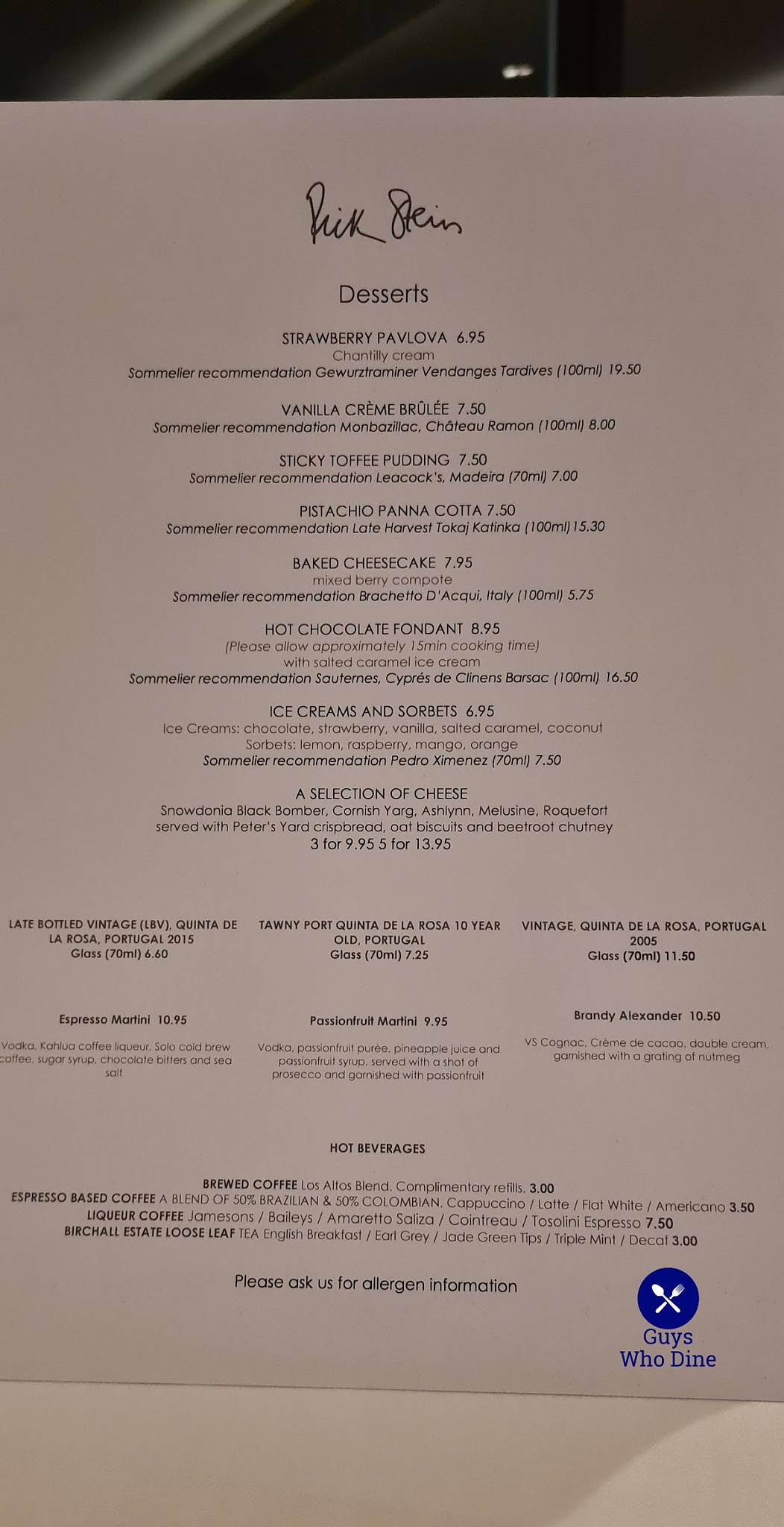 Menu at Rick Stein, Sandbanks restaurant, Poole