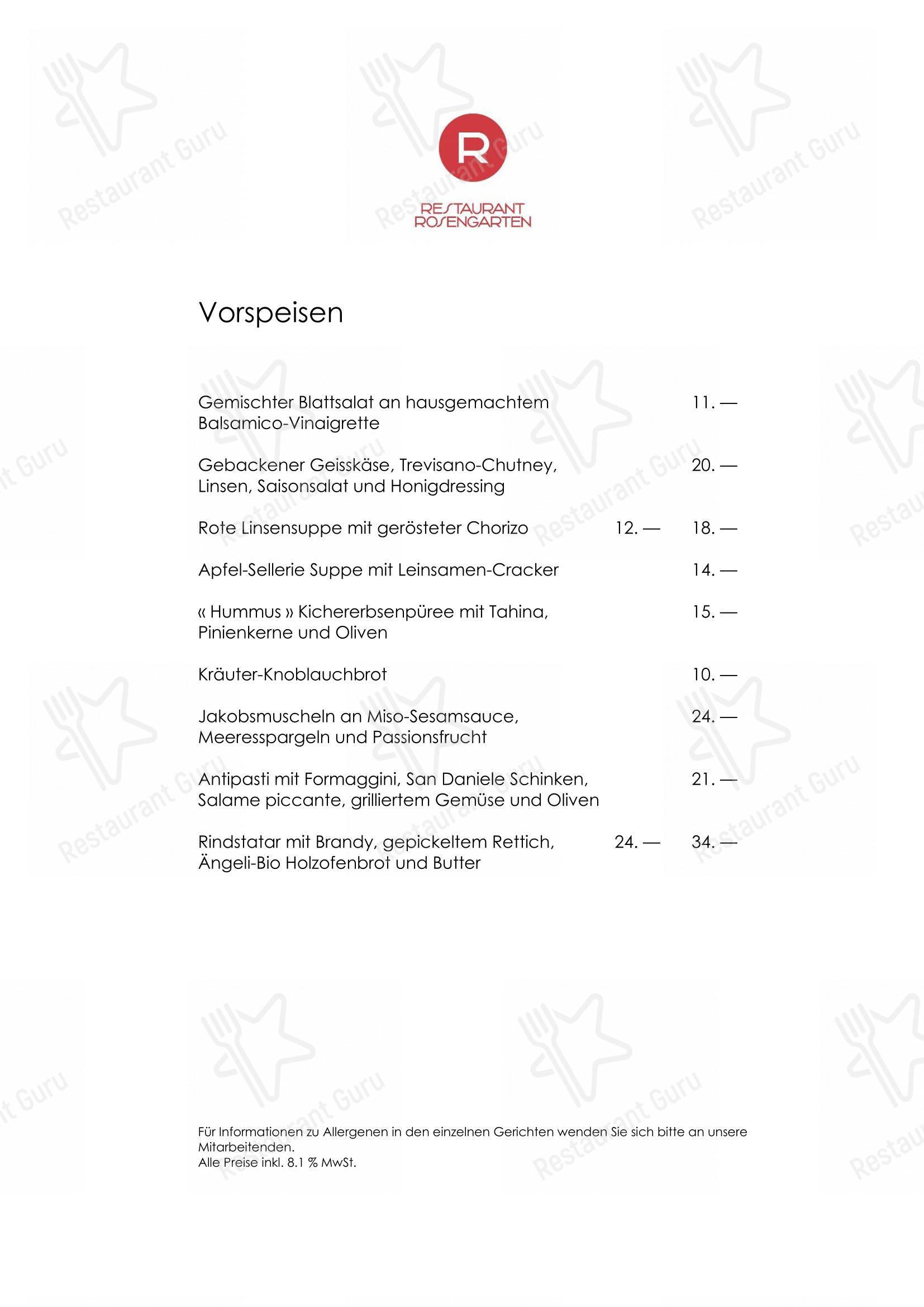 Menu pour Restaurant Rosengarten restaurant