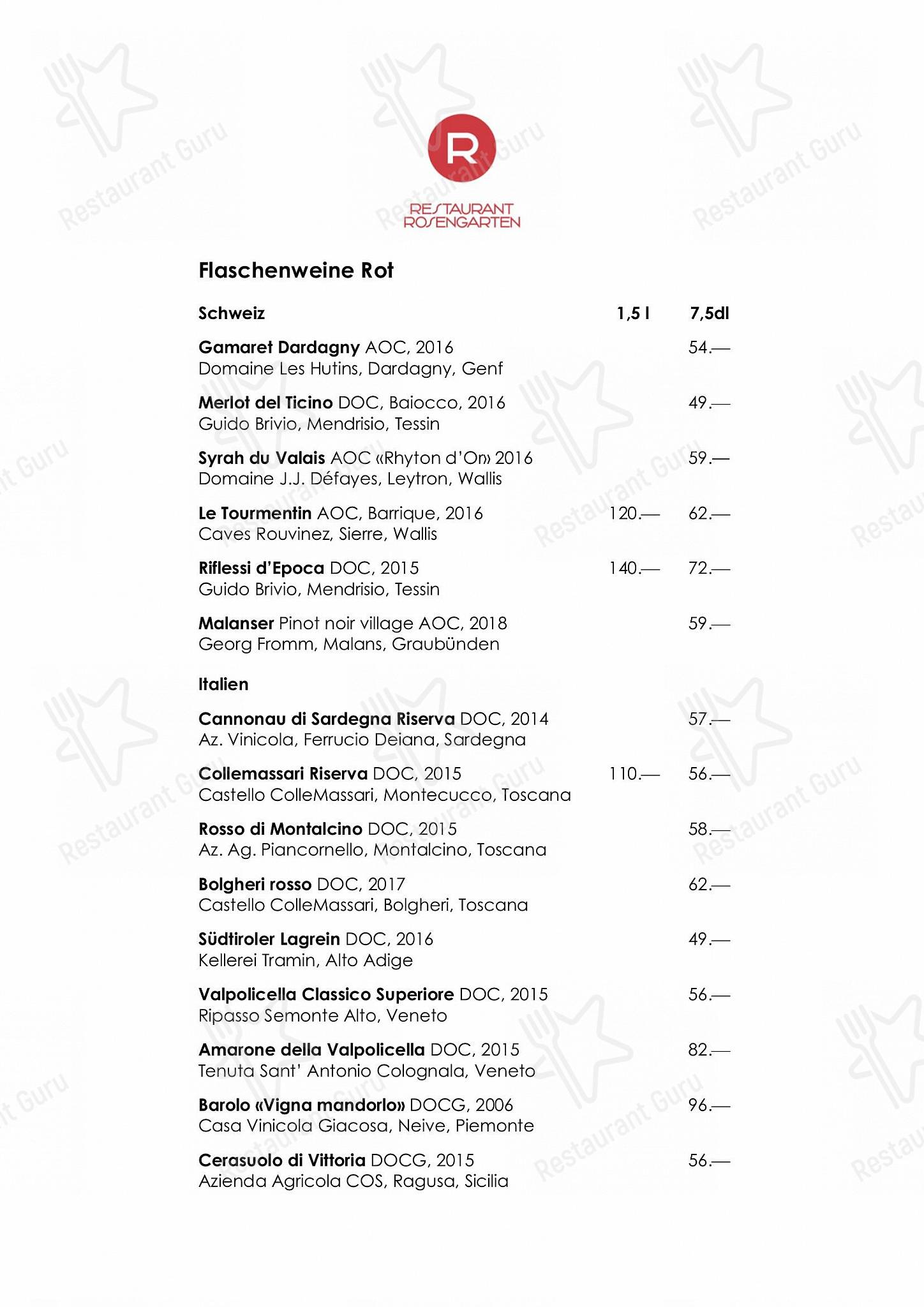 OUR MENU pour Restaurant Rosengarten dans Berne