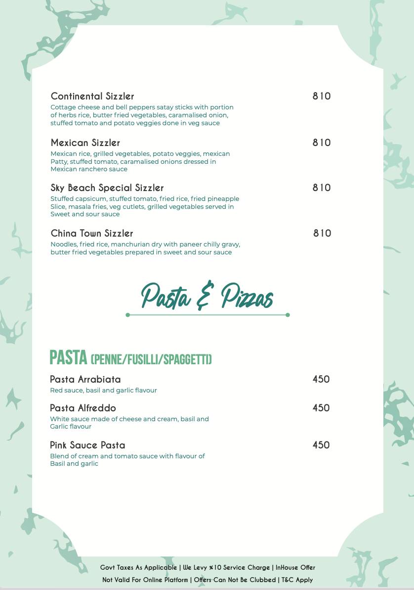 SKYBEACH - ROOFTOP RESTRAUNT LOUNGE & BAR IN JAIPUR menu