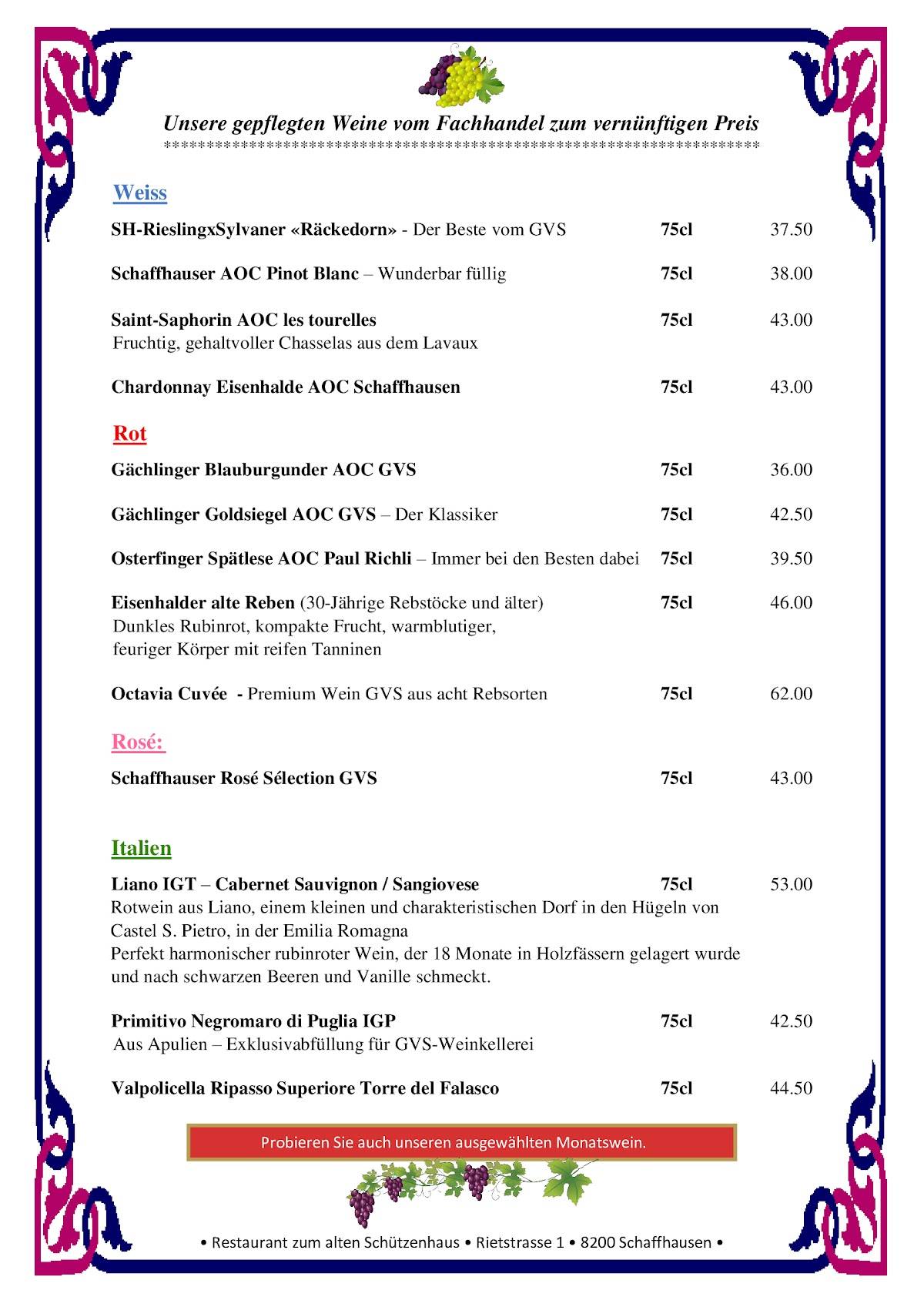 Menu di Schweizer Küche Events Restaurant Zum Alten Schützenhaus 