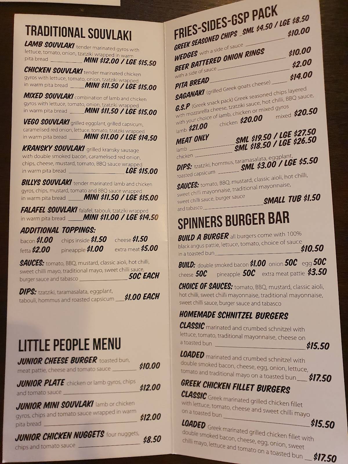 Menu at Spinner's Souvlaki Bar And Grill, Healesville