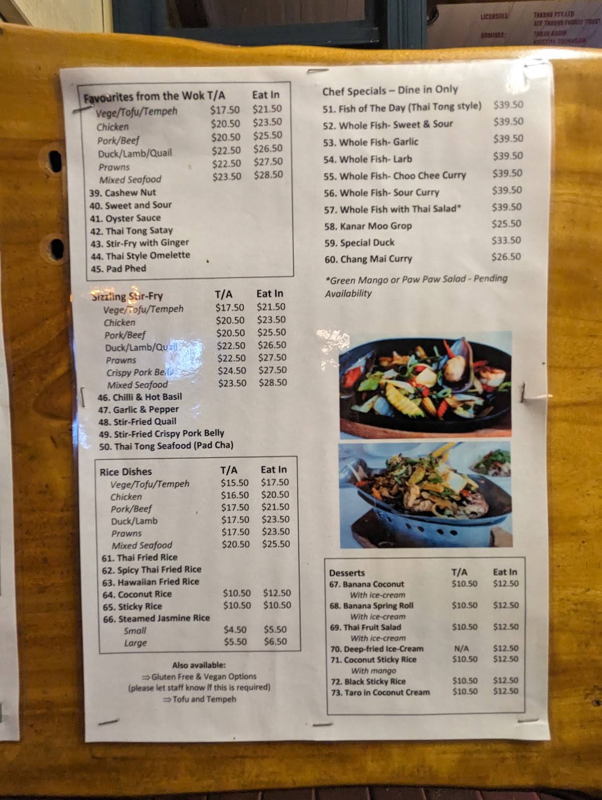 Menu at Thai Tong Restaurant, Yandina