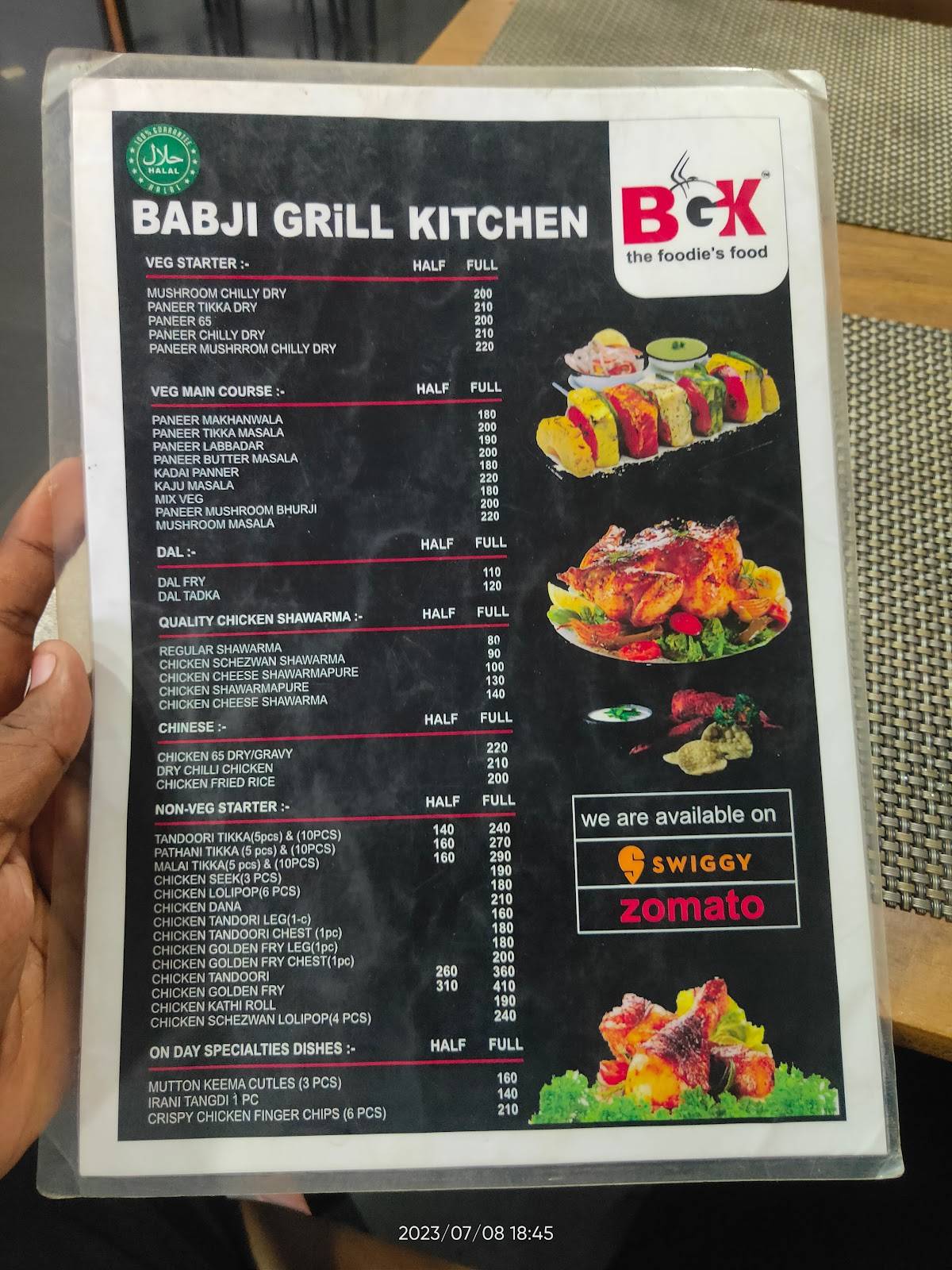 The Babji's Grill Kitchen menu