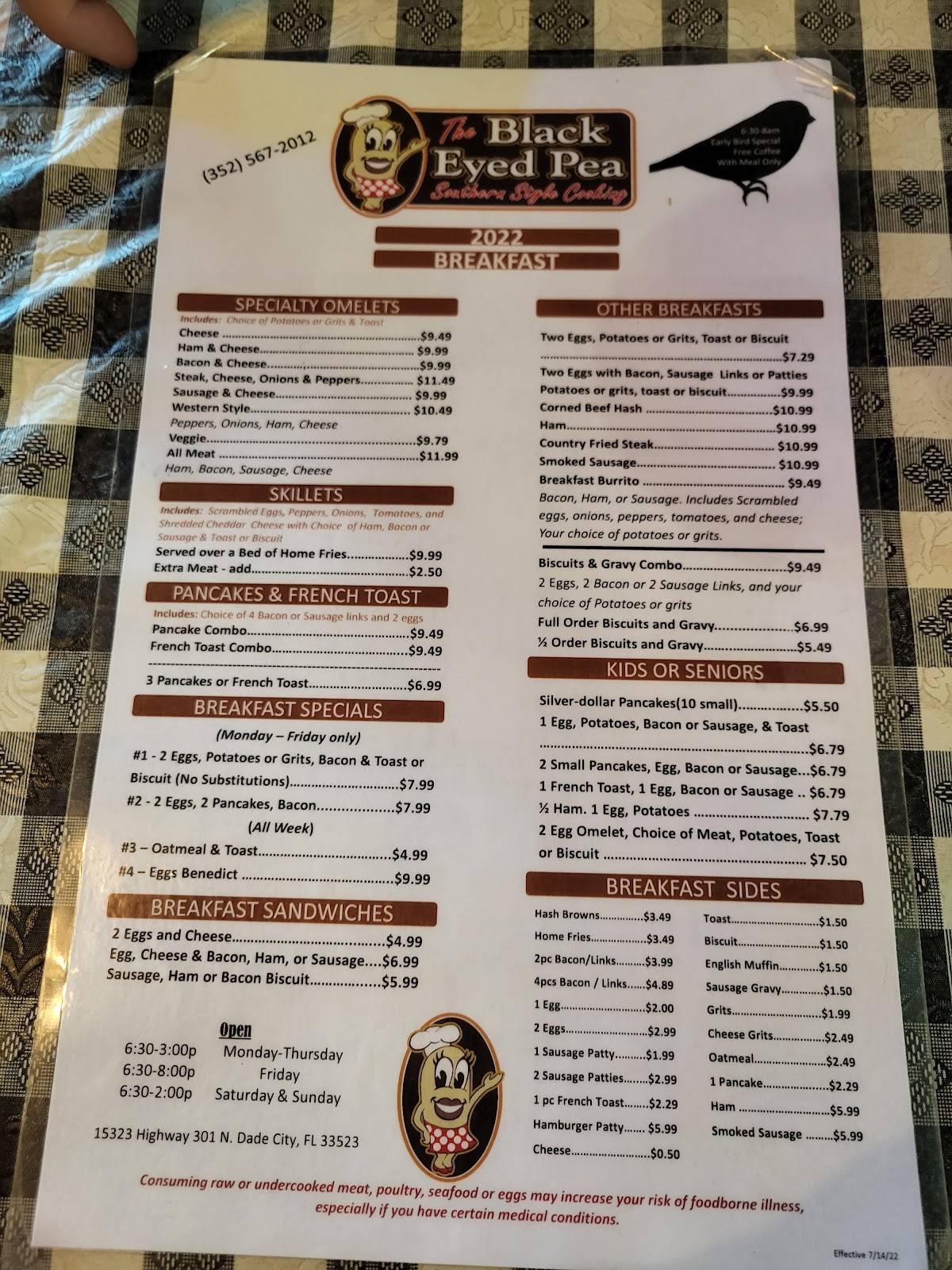 Menu at The Black Eyed Pea restaurant, Dade City, US301