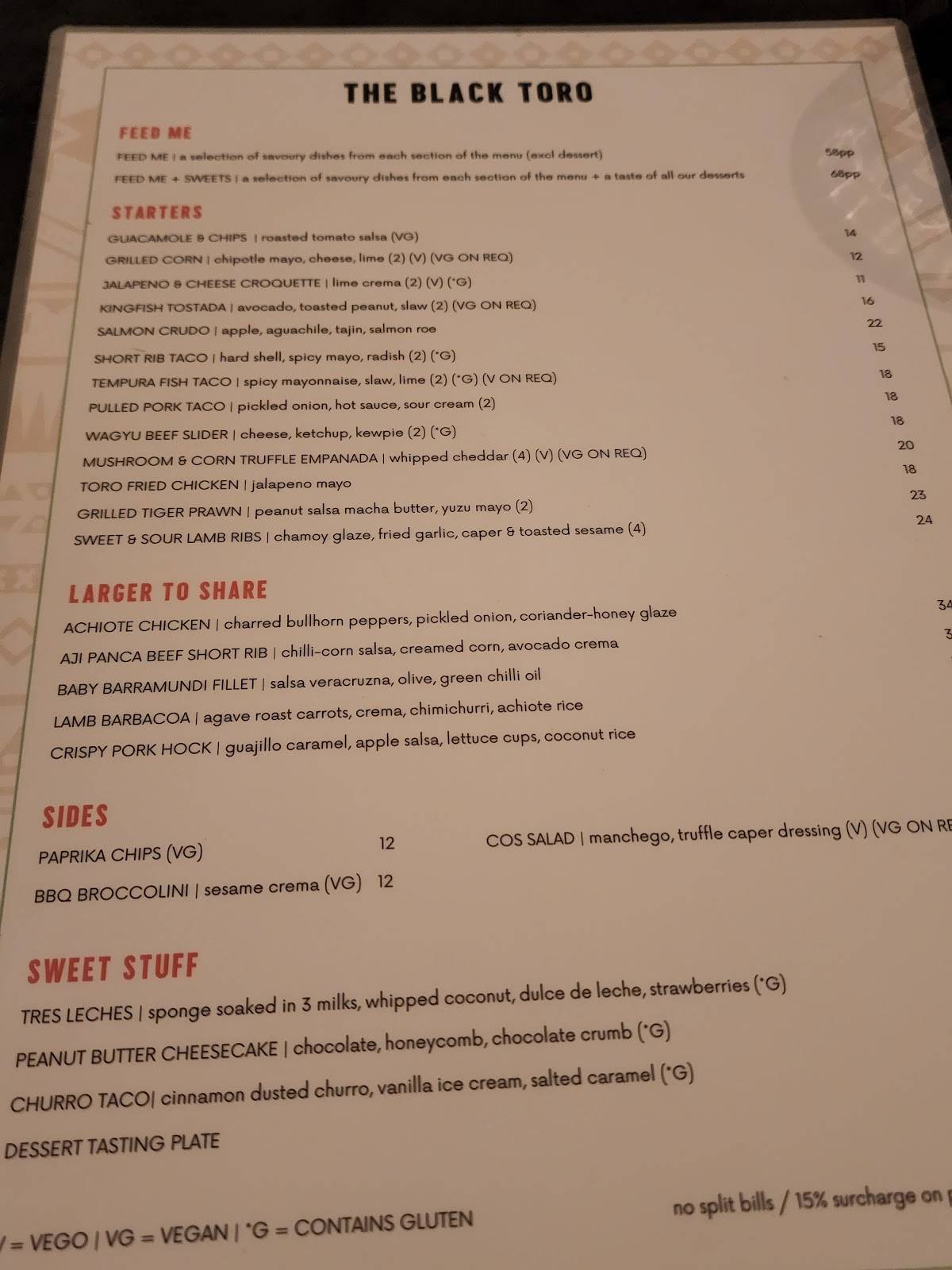 Menu at The Black Toro restaurant, Glen Waverley