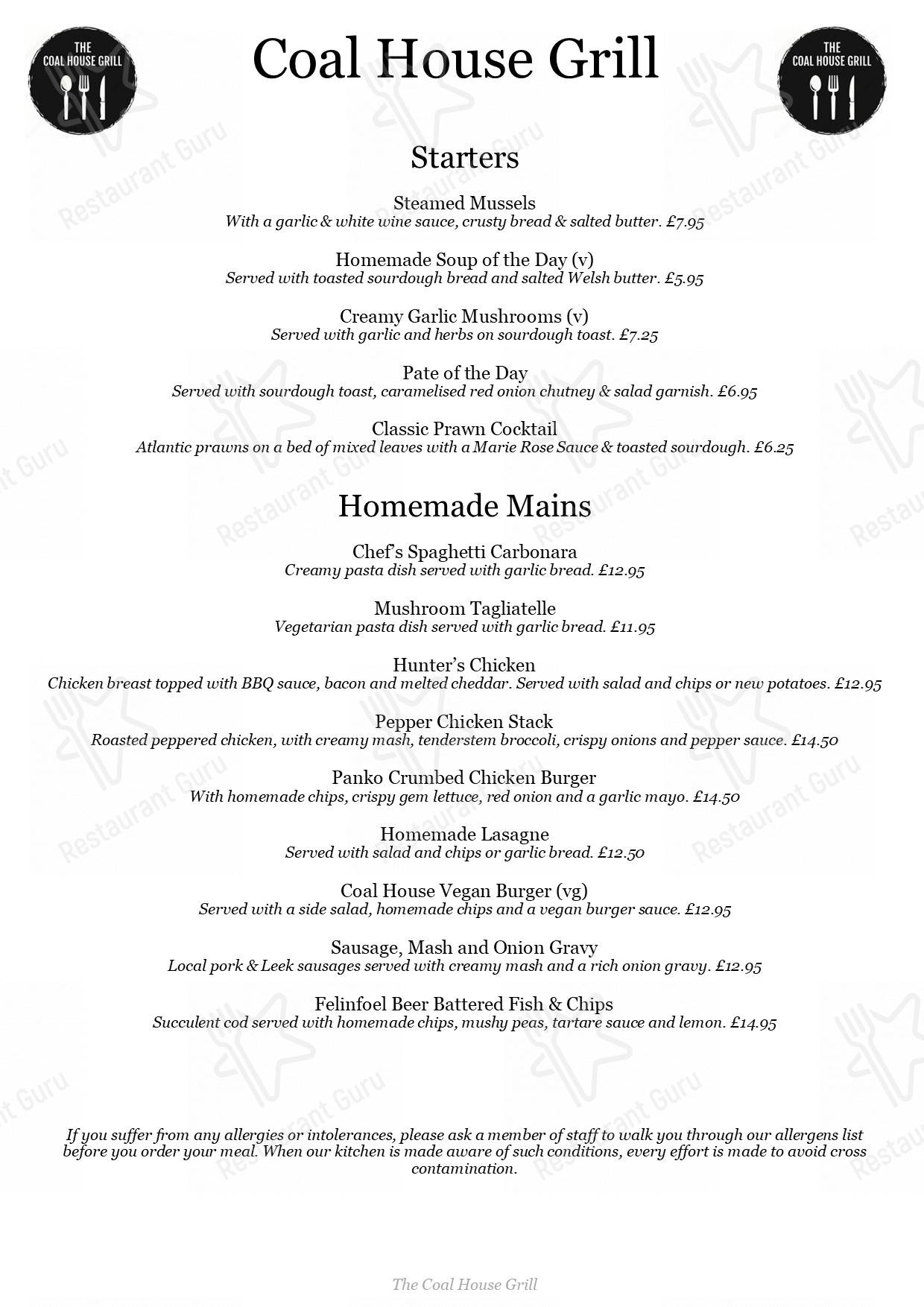 Menu at The Coal House Grill restaurant, Cross Hands