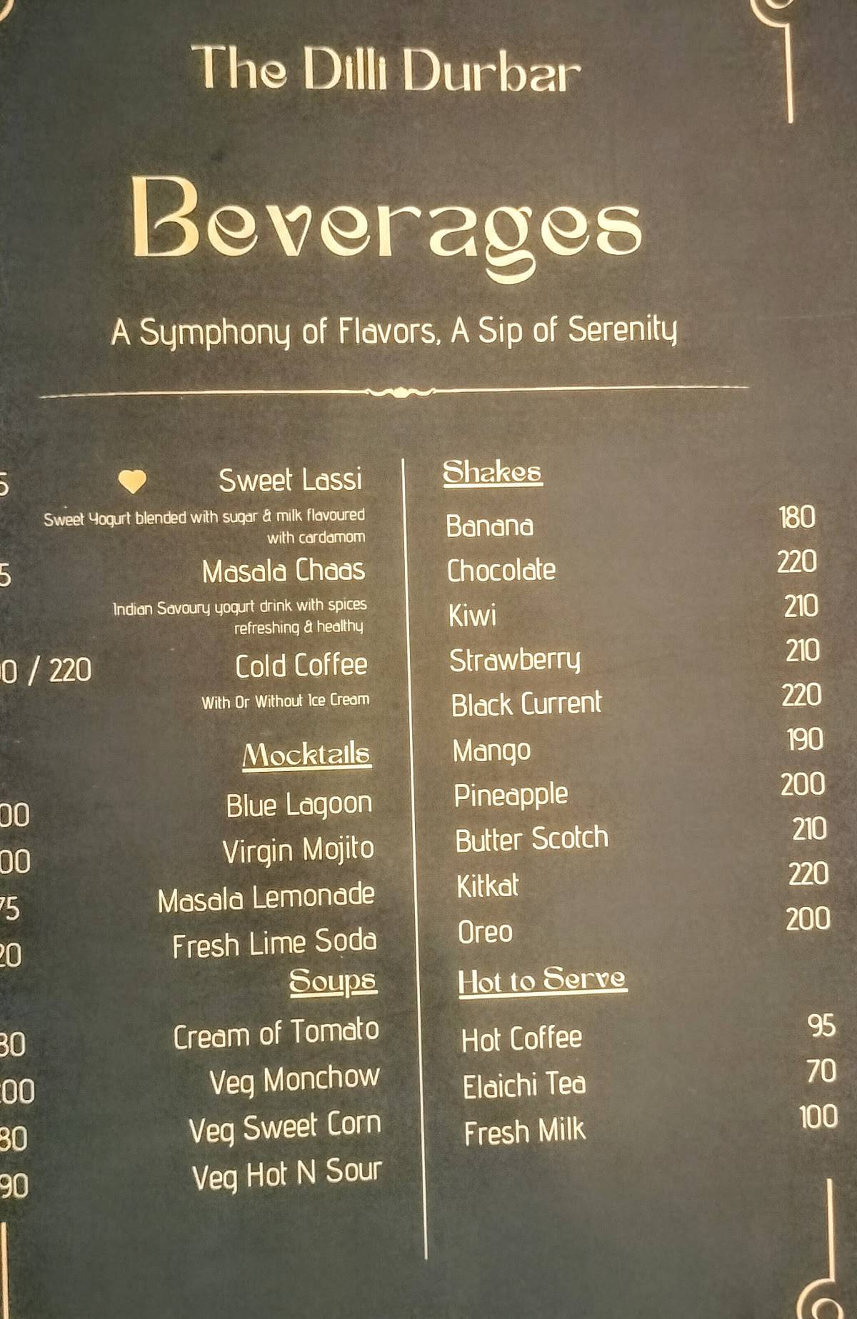 The Dilli Durbar menu
