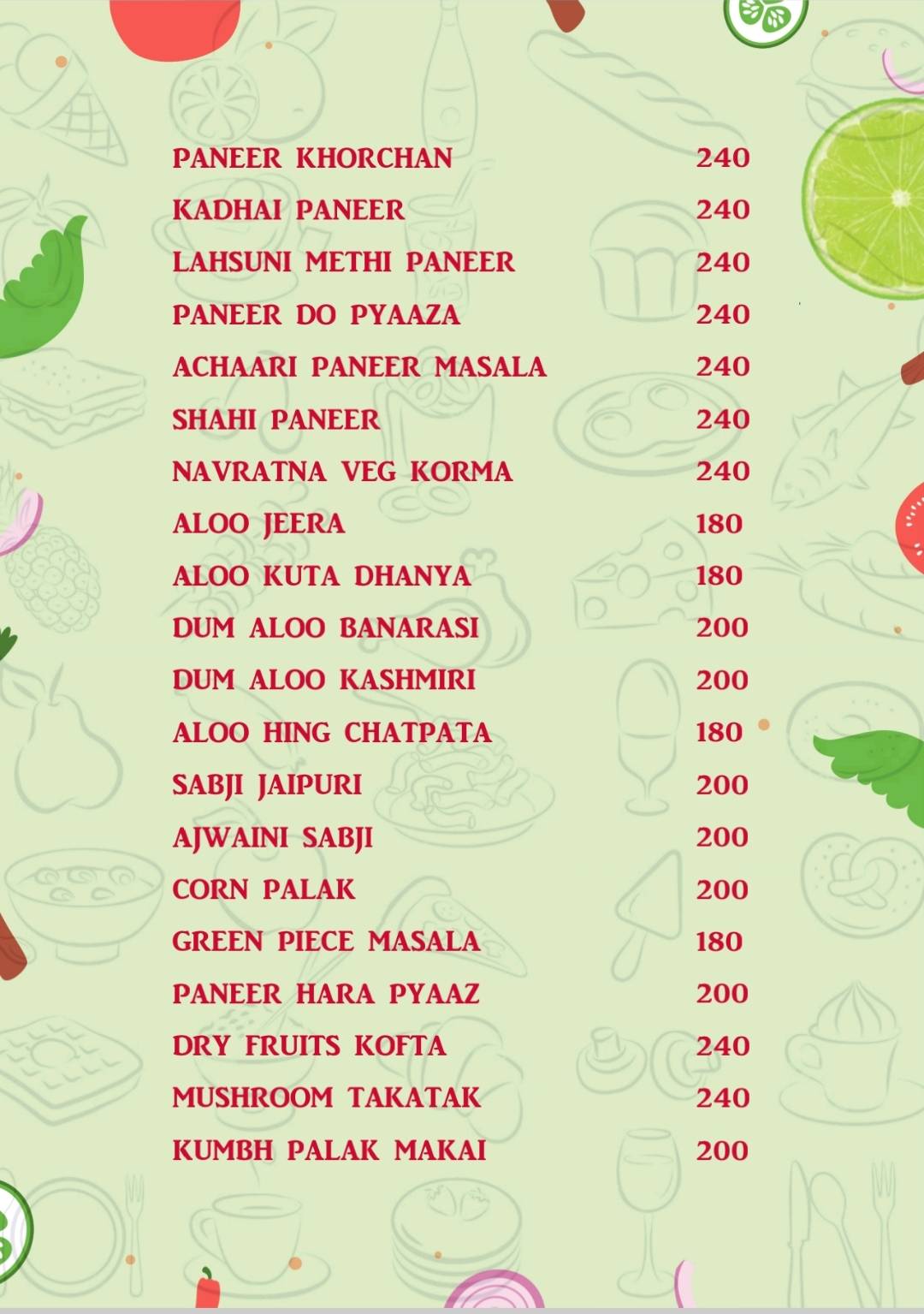 The Garden Cafe & Restaurant (A unit of KVS hospitality) menu