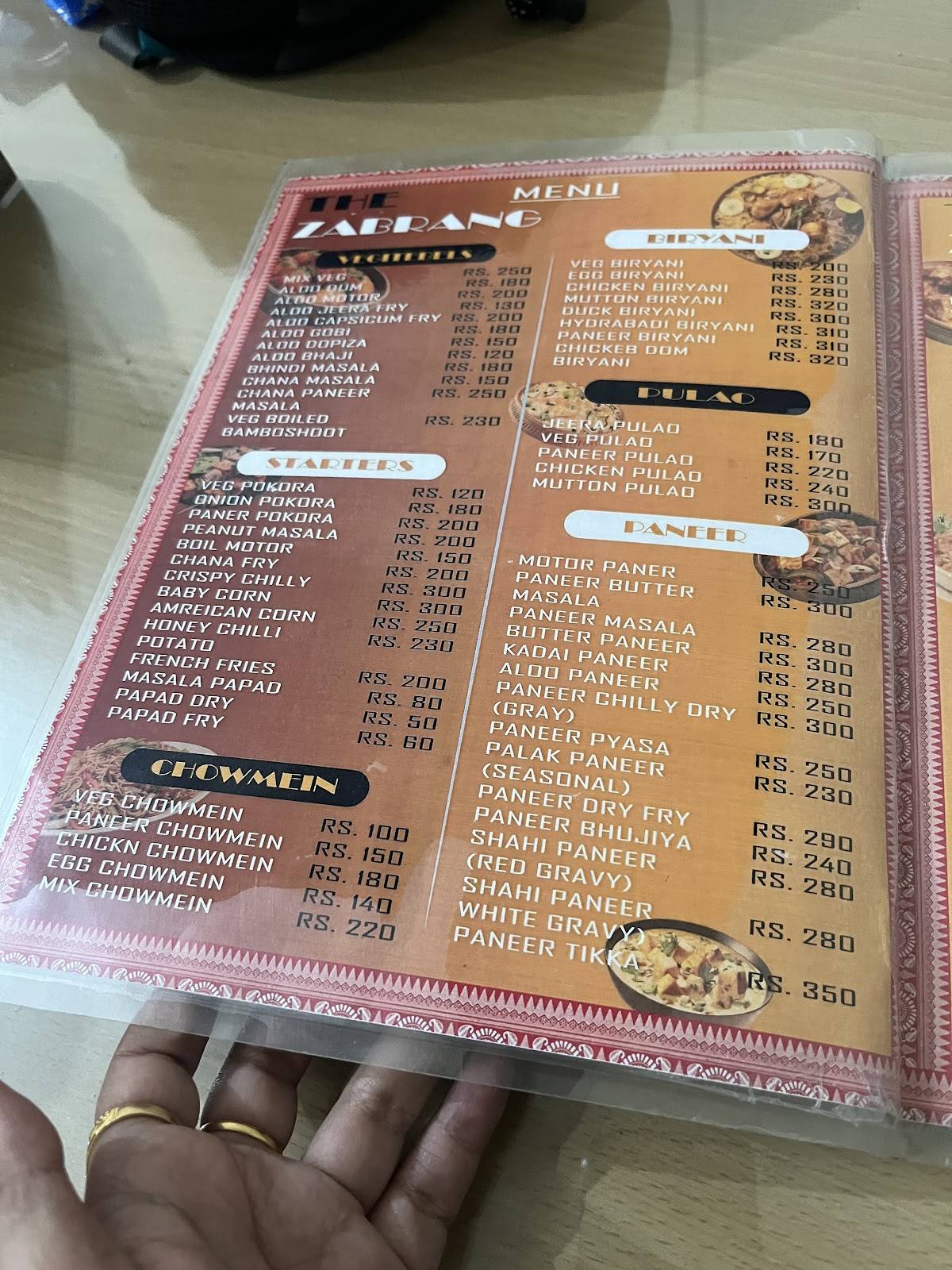 The Zabrang menu