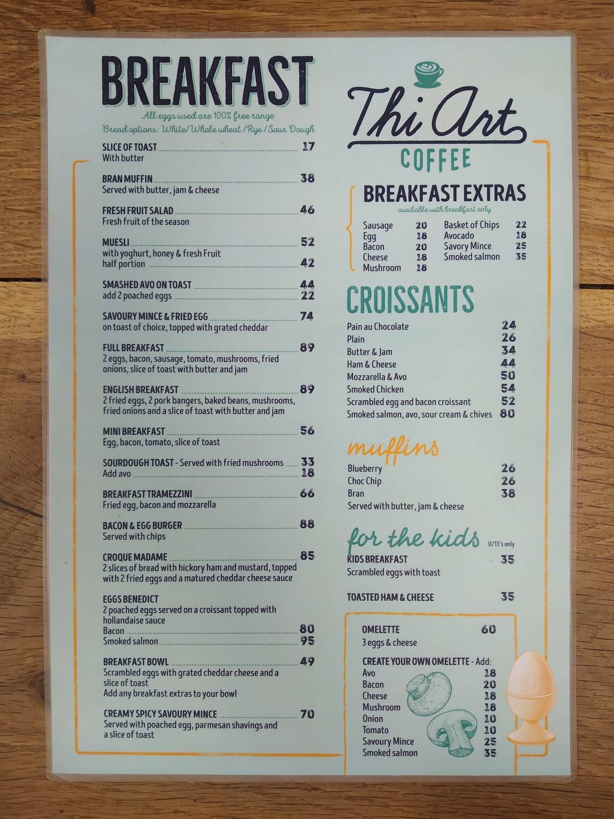 Menu at Thi Art Coffee restaurant, Vredendal