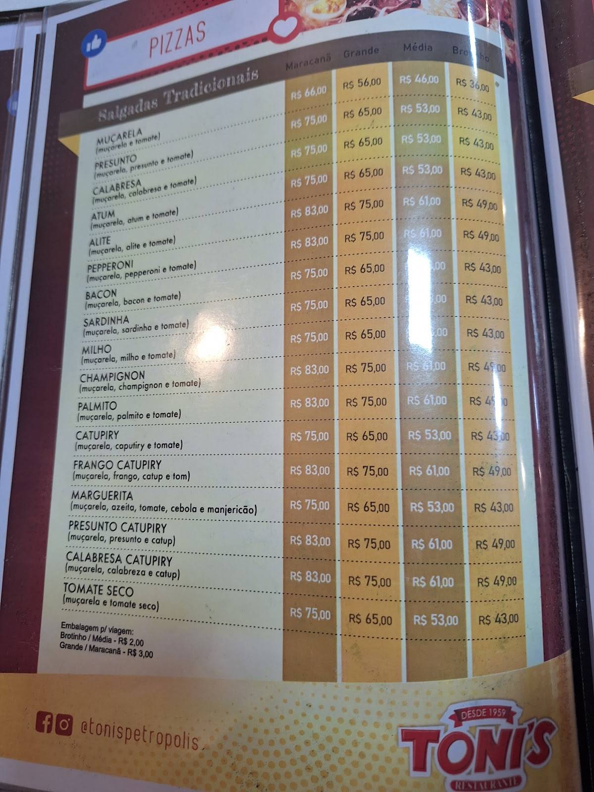 Toni's Restaurante cardápio