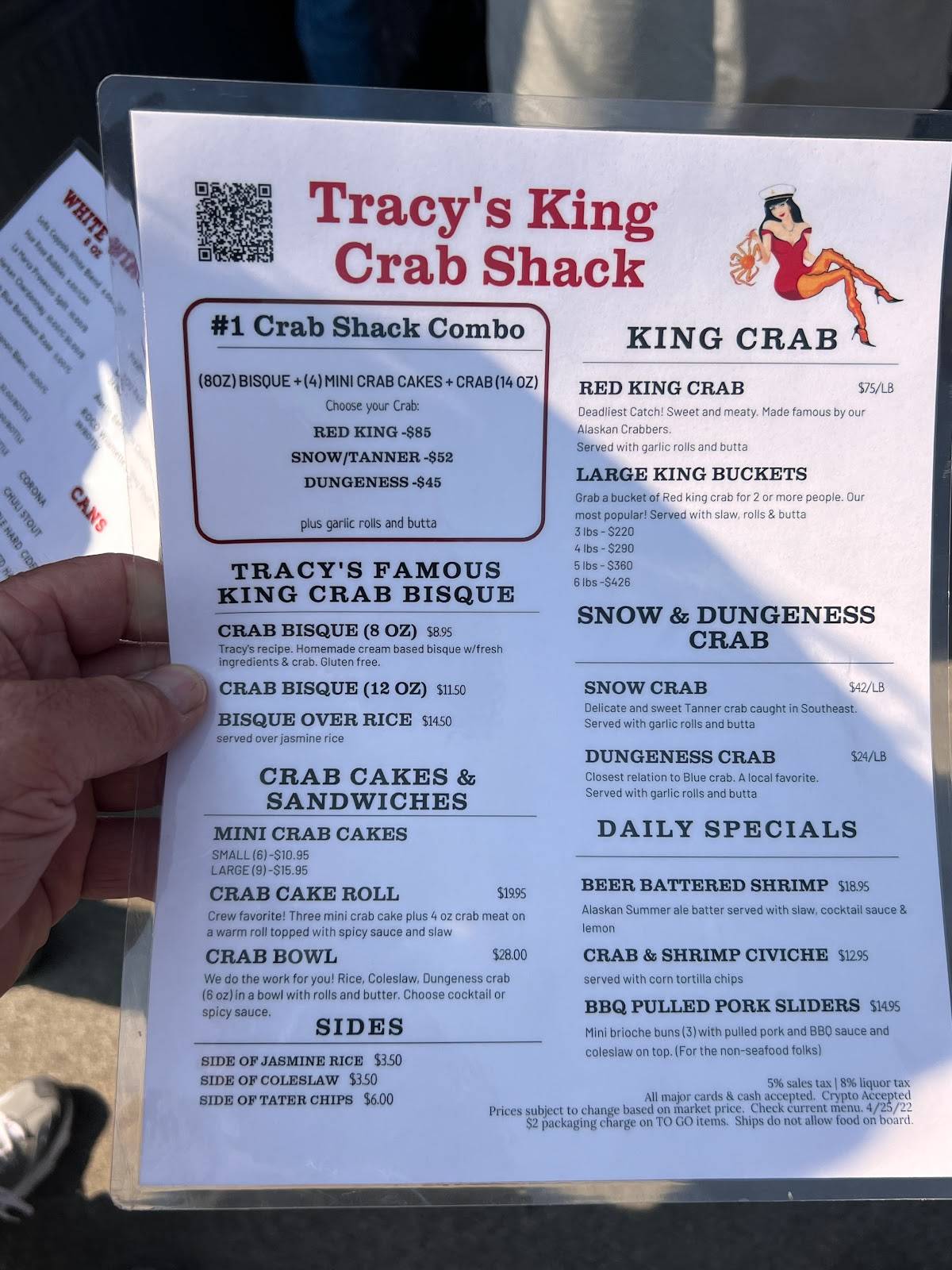 Menu at Tracy’s King Crab Shack restaurant, Juneau, 432 S Franklin St
