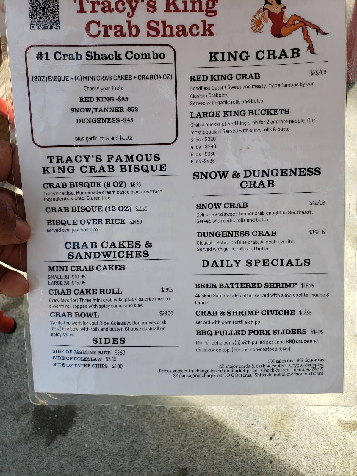 Menu at Tracy’s King Crab Shack restaurant, Juneau, 432 S Franklin St