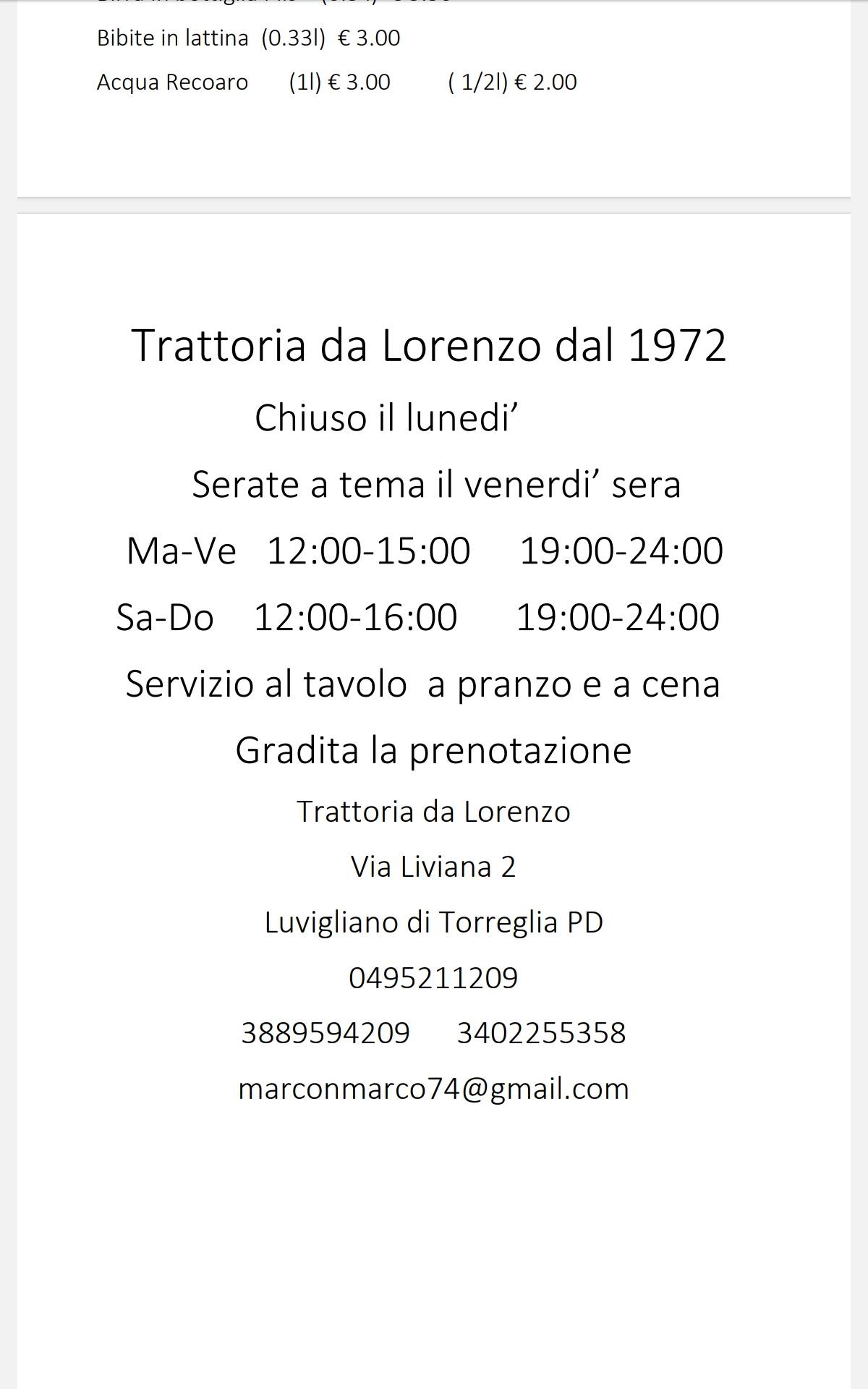 Menu di Trattoria Da Lorenzo 