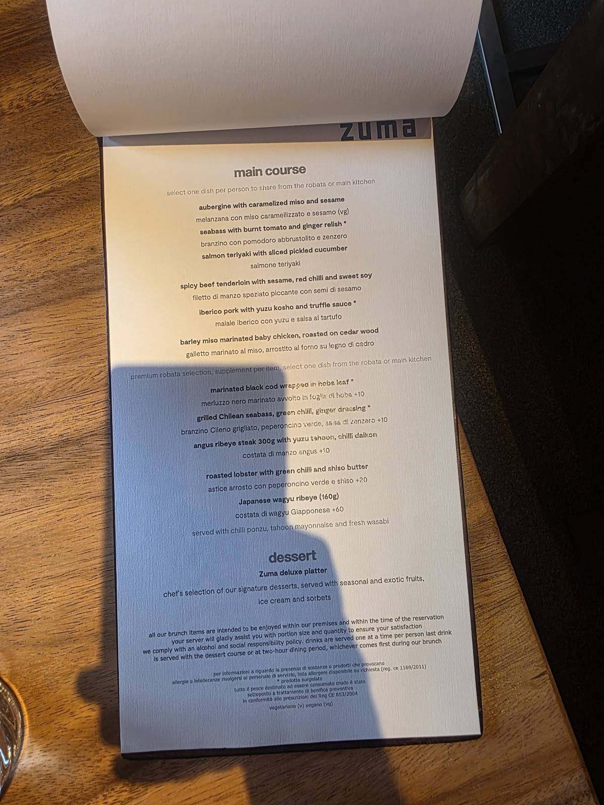 Menu di Zuma 