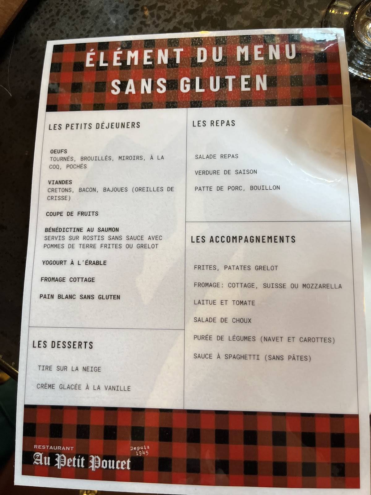 Menu de Restaurant au petit Poucet