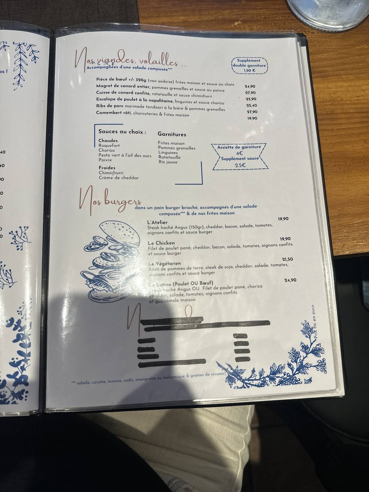 Menu de Restaurant l’Atelier