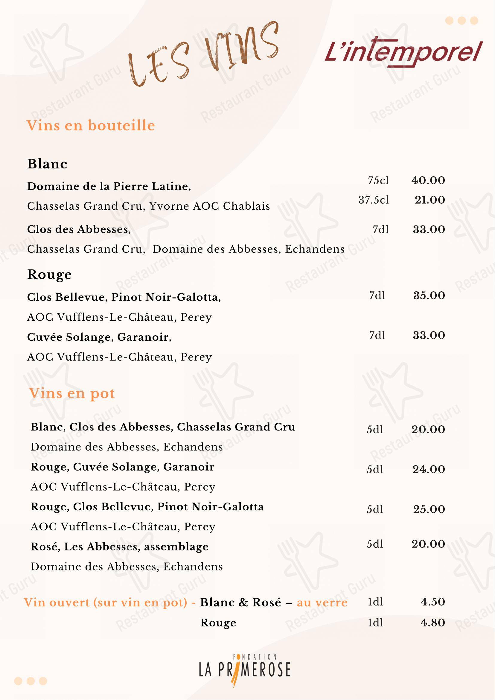 菜单 per Restaurant l'Intemporel in Crissier