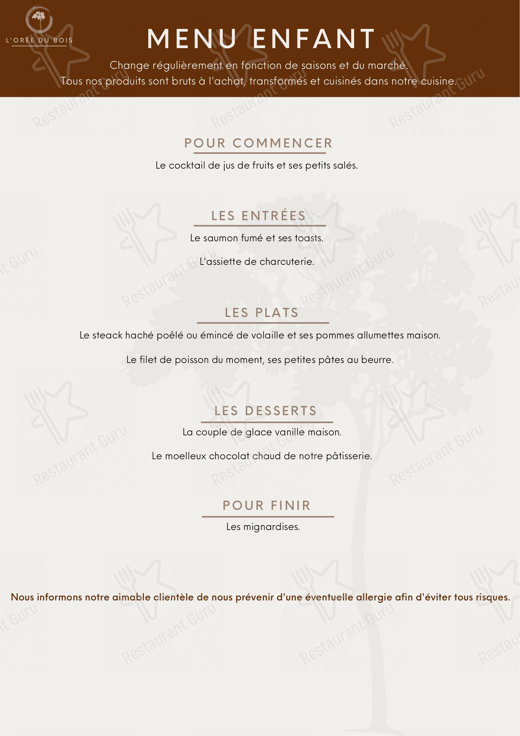 Menu au Restaurant l'Orée Du Bois ORVAULT, Orvault