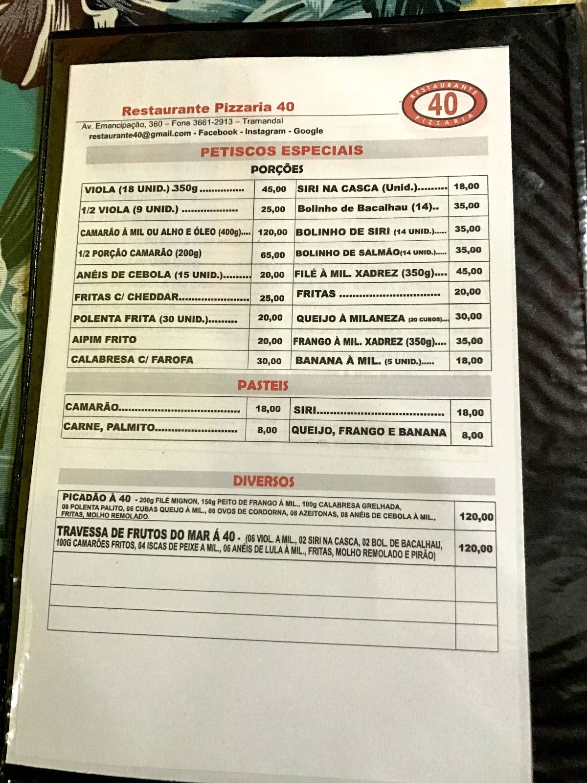 Restaurante 40 cardápio