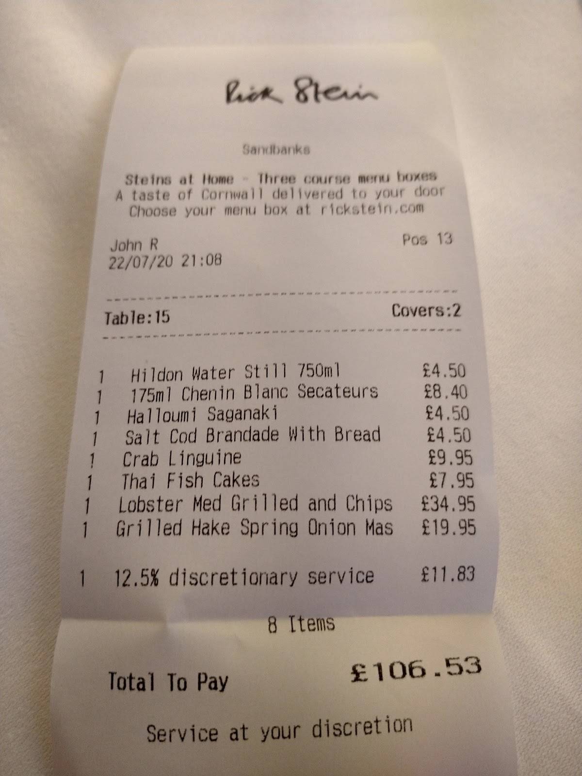 Menu at Rick Stein, Sandbanks restaurant, Poole