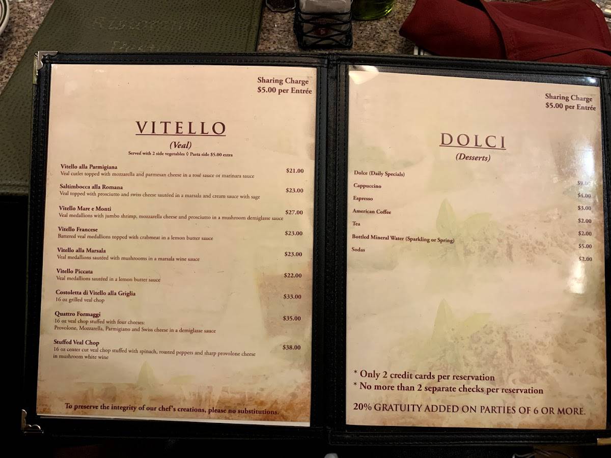 Menu at Ristorante Pesto restaurant, Philadelphia, S Broad St