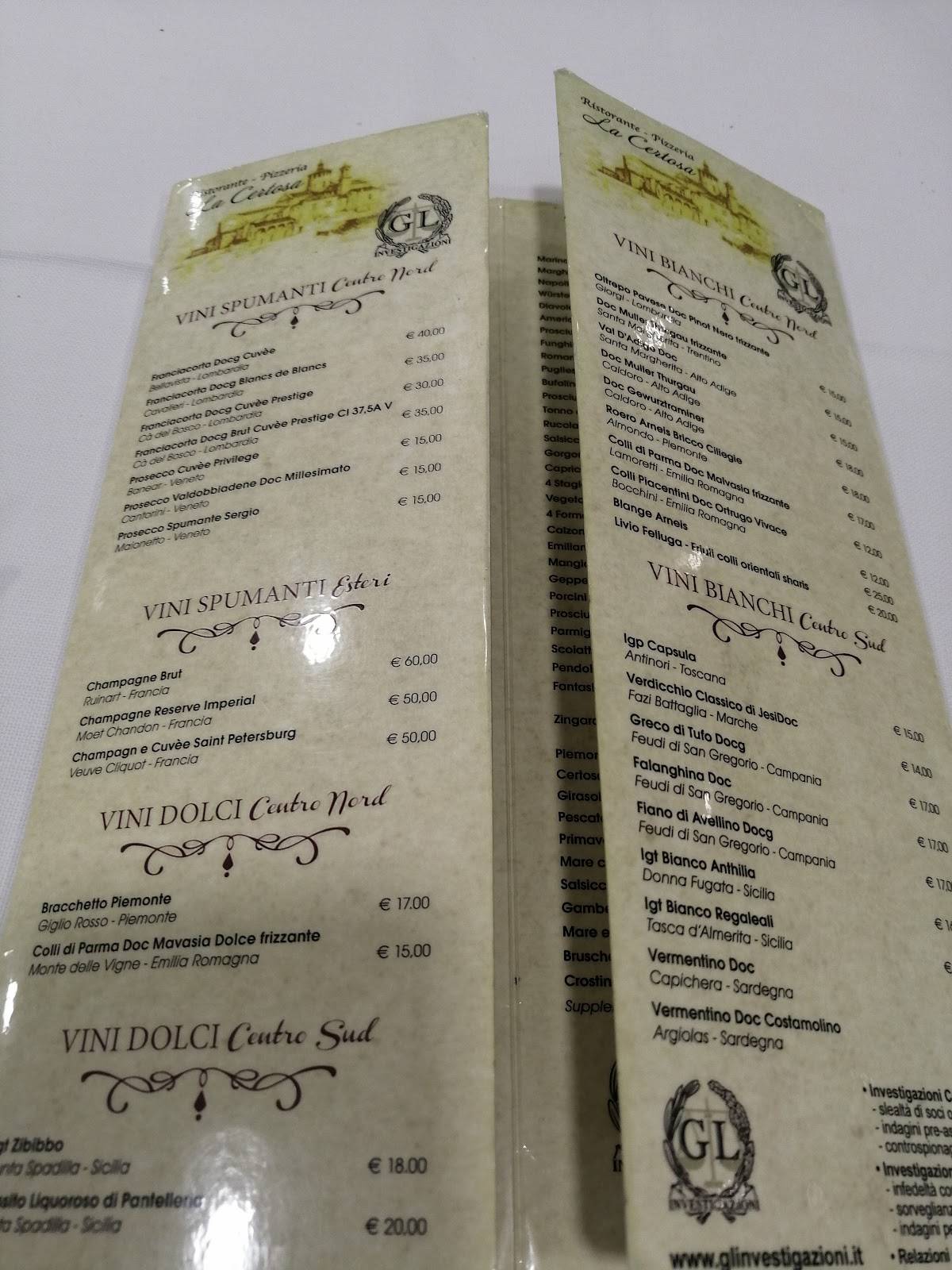 Menu di Ristorante Pizzeria La Certosa 