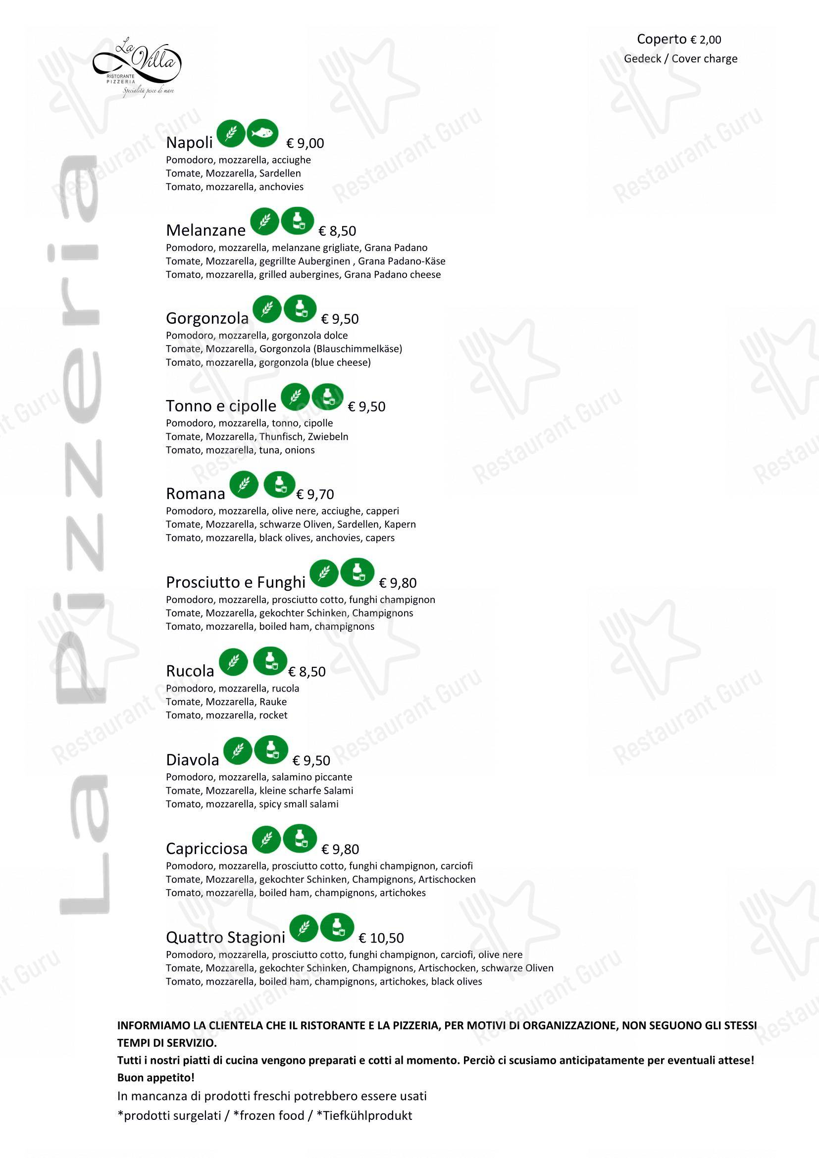 Menu di Ristorante Pizzeria La Villa - Menu bar