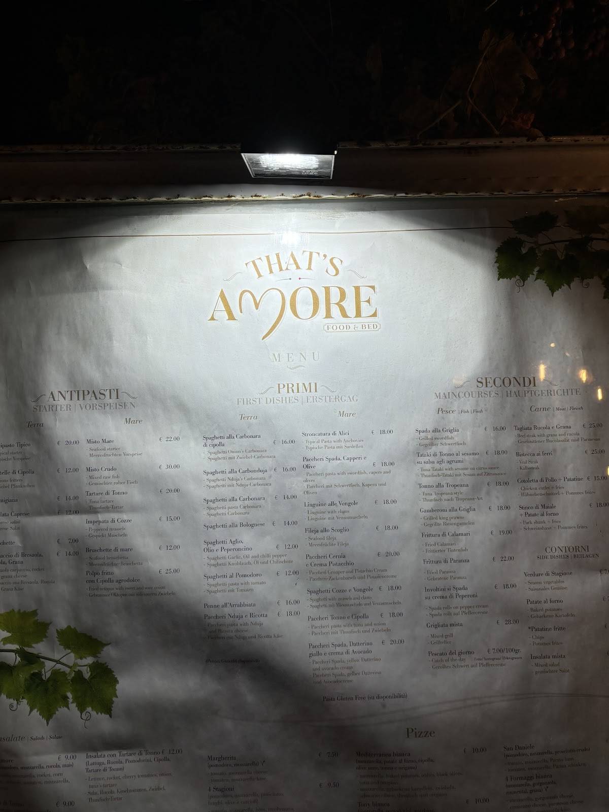 Menu di That's Amore Ristorante Pizzeria Gourmet - Cucina Tipica Calabrese - Colazione Internazionale e Sapori Autentici 