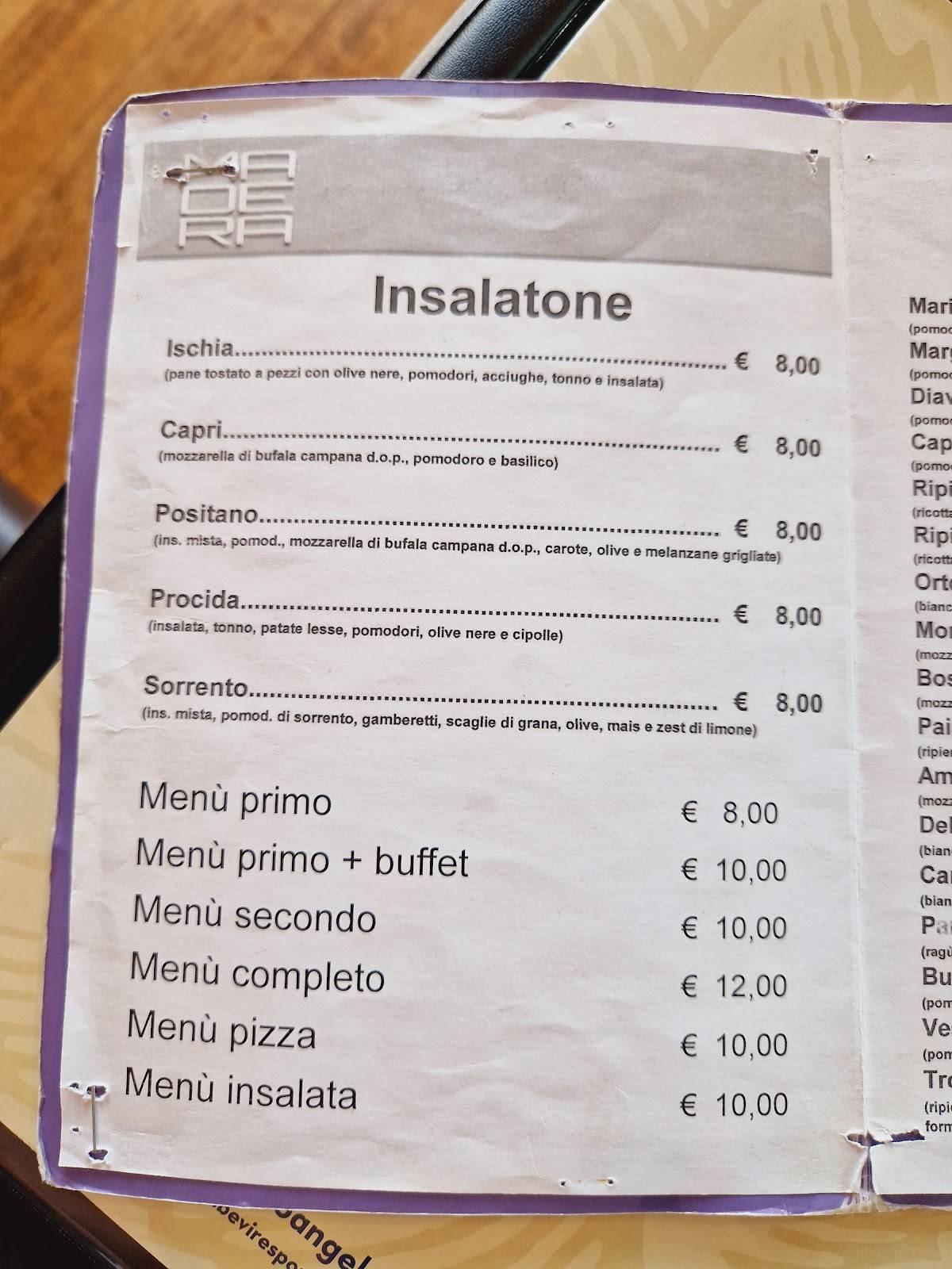 Menu di Ristorante Pizzeria Madera Cornadella 