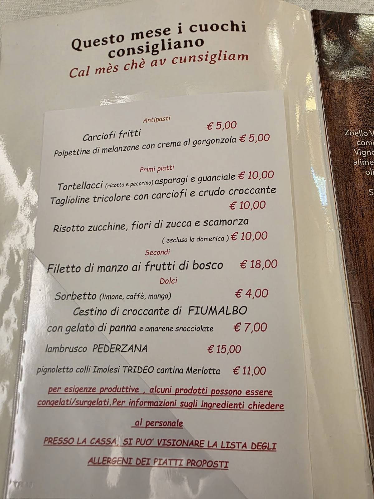 Menu di Ristorante Zoello