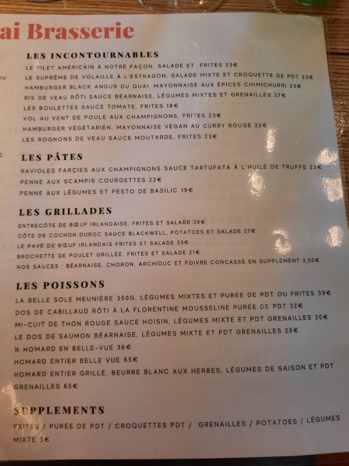 Menu de Le Quai Brasserie