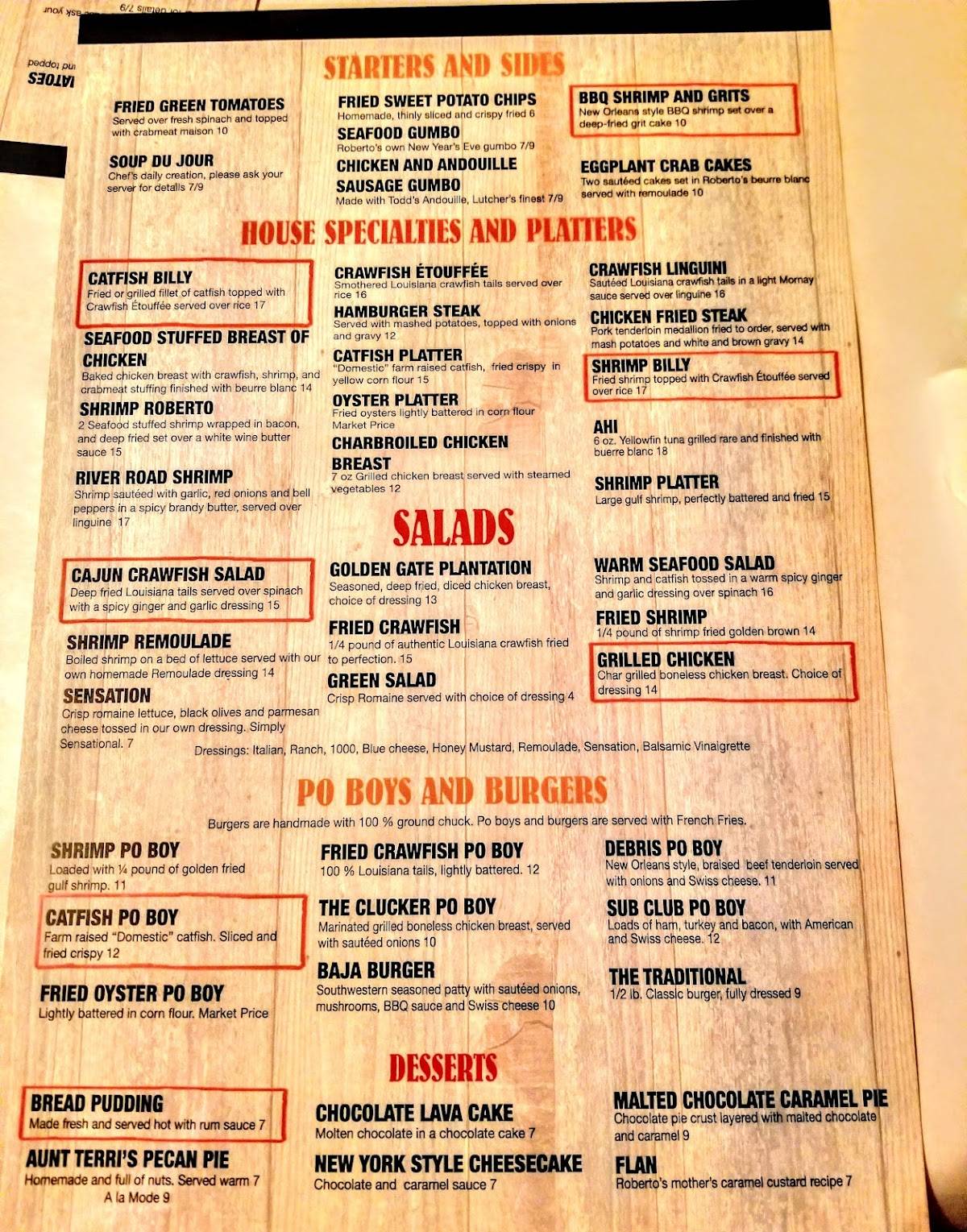 Menu at Roberto's River Road Restaurant, Sunshine