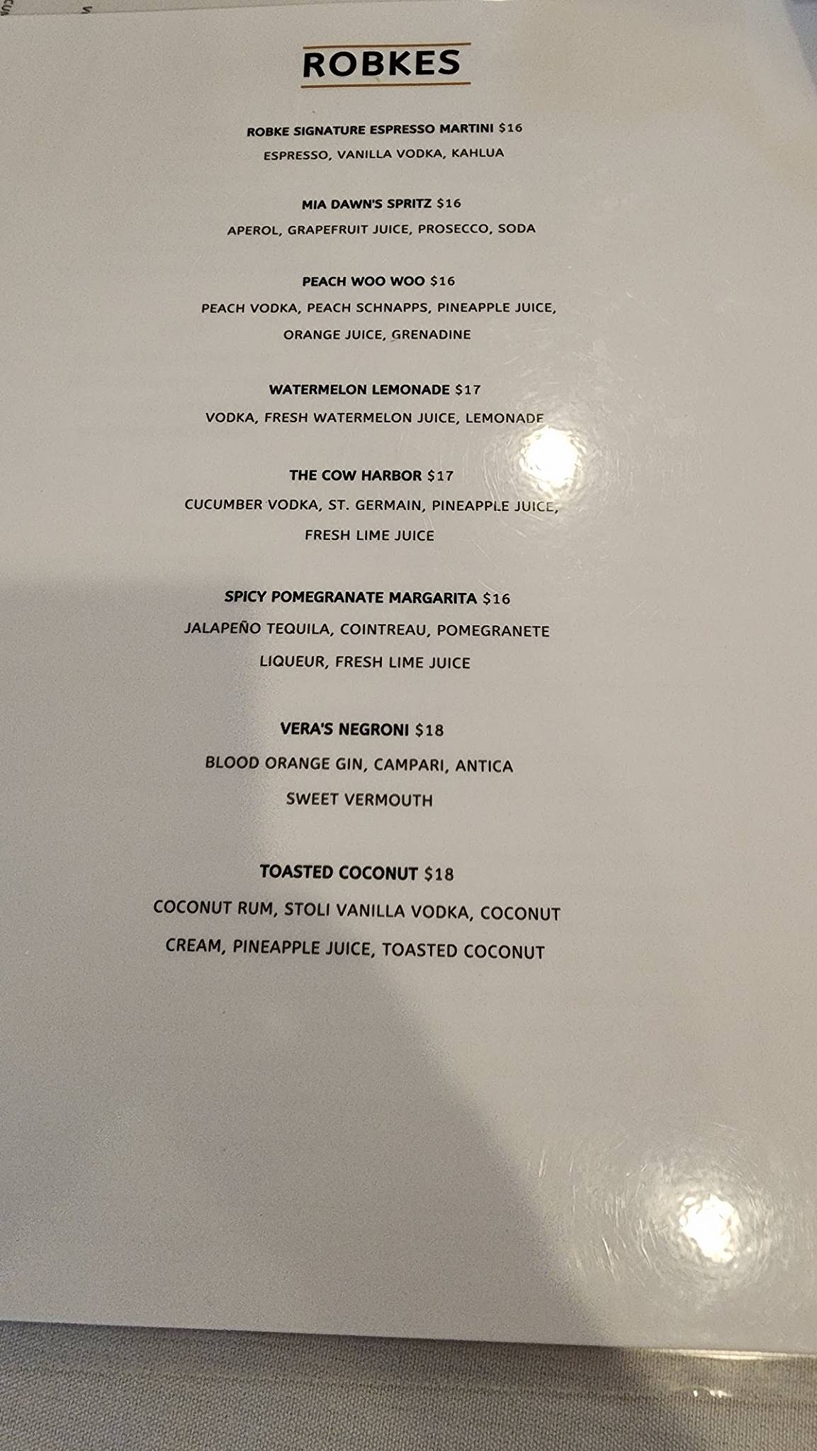 Menu at Robke's Northport restaurant, Northport