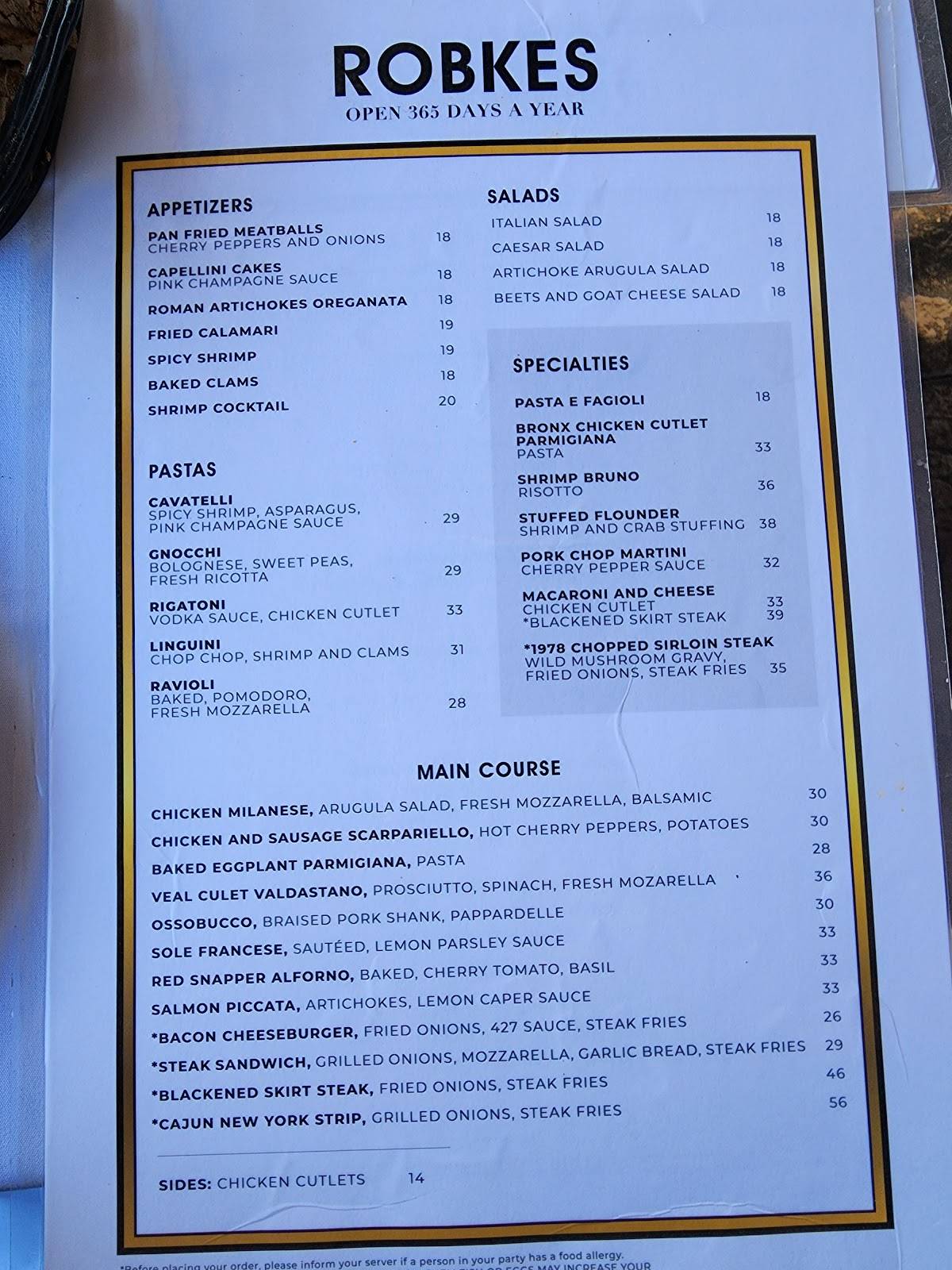 Menu at Robke's Northport restaurant, Northport