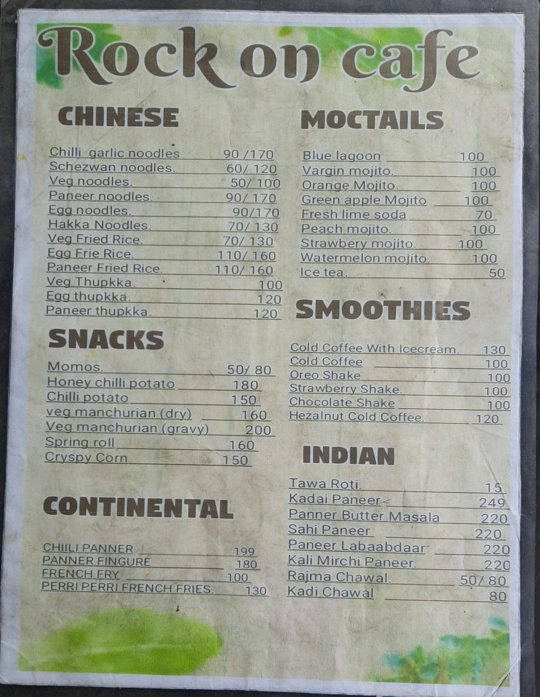 Rock on Cafe menu