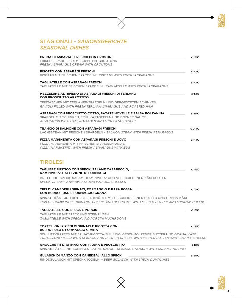 Menu di Roemerkeller Bolzano 