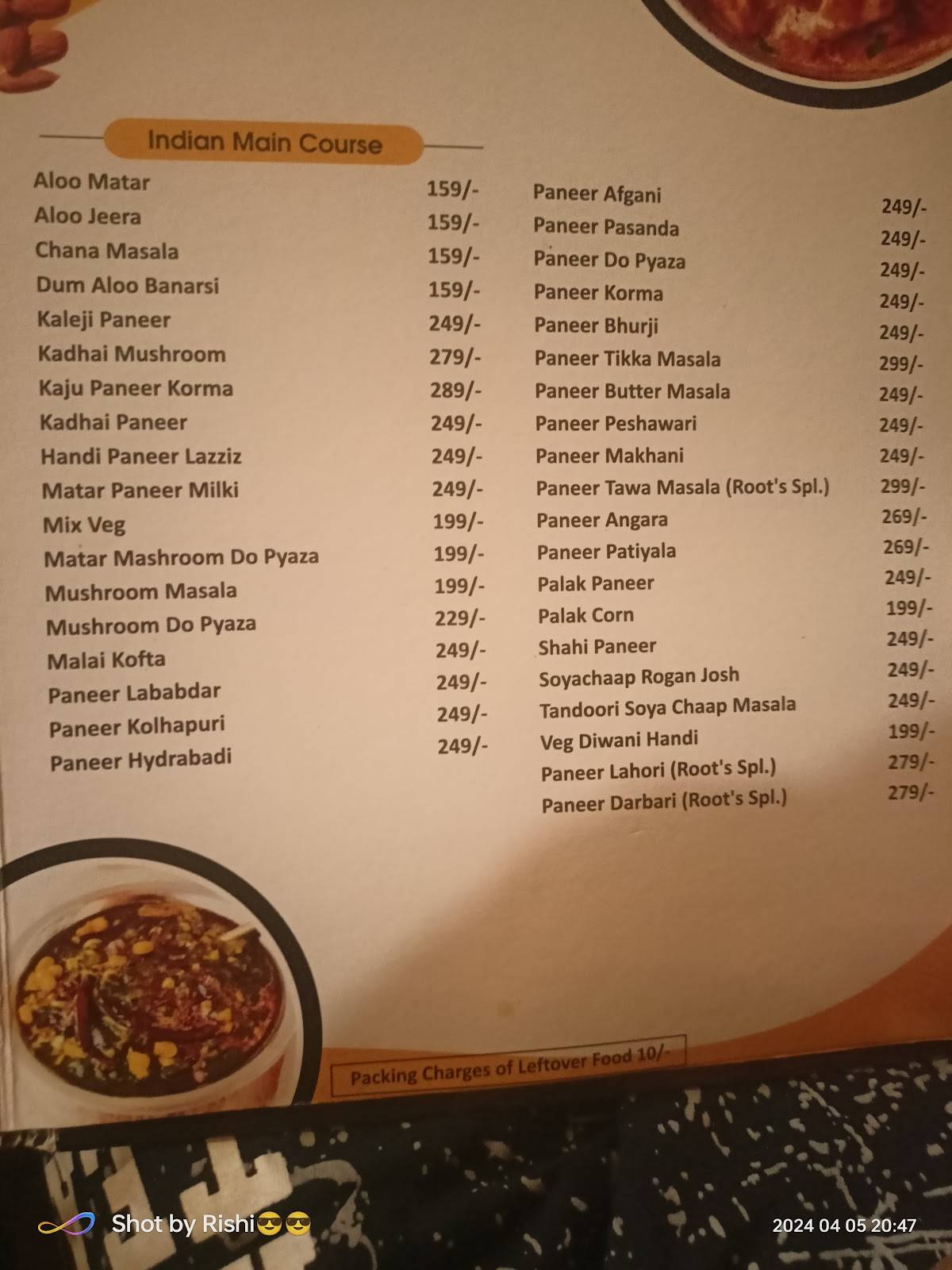 Roots Restaurant menu