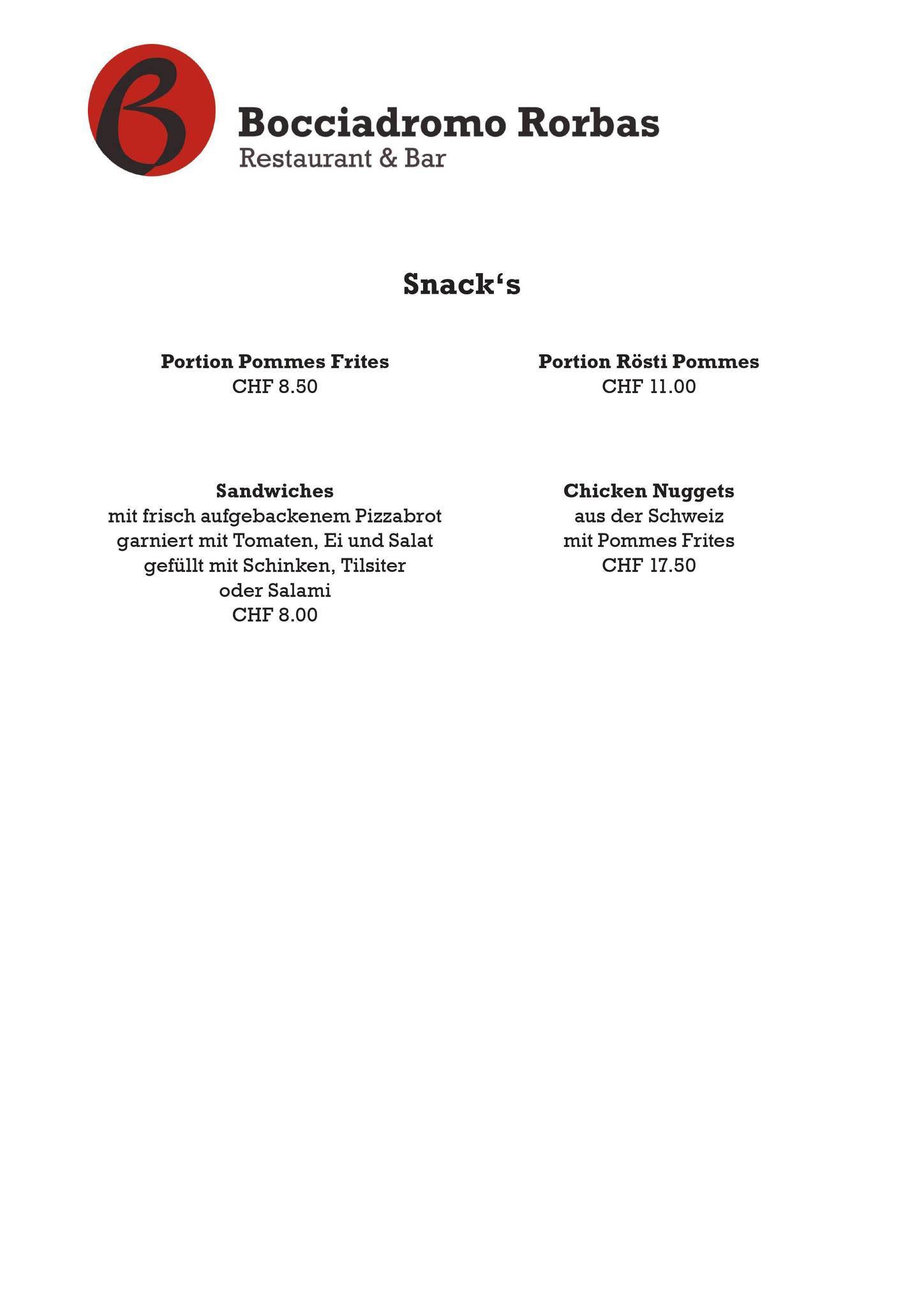 Menu de Restaurant Bocciadromo