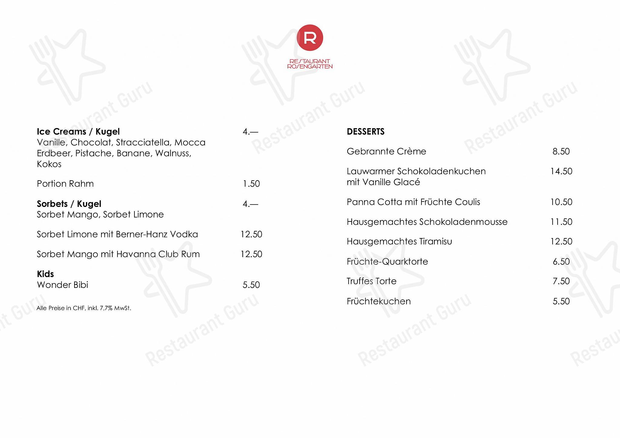 OUR MENU pour Restaurant Rosengarten dans Berne