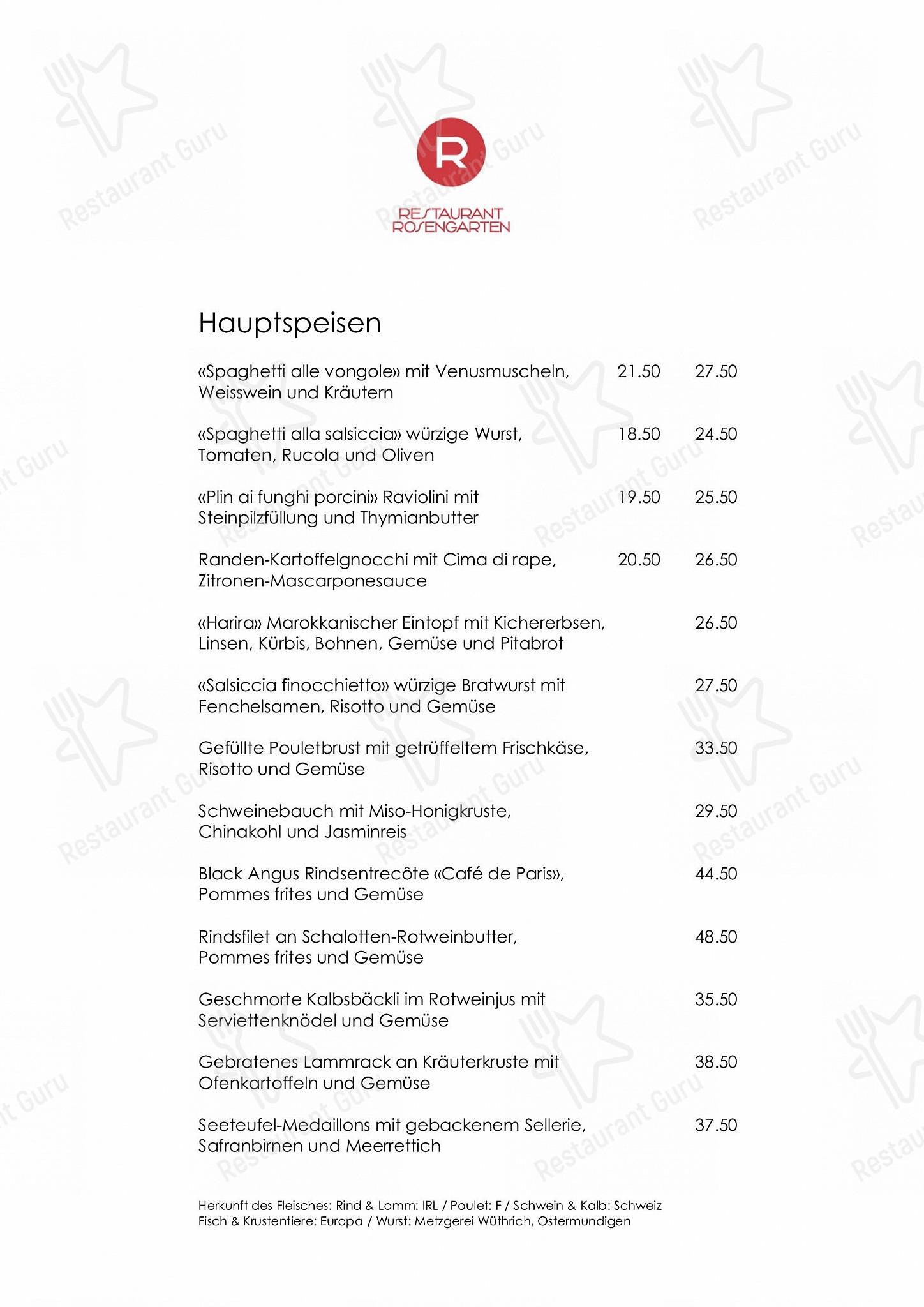 OUR MENU pour Restaurant Rosengarten dans Berne