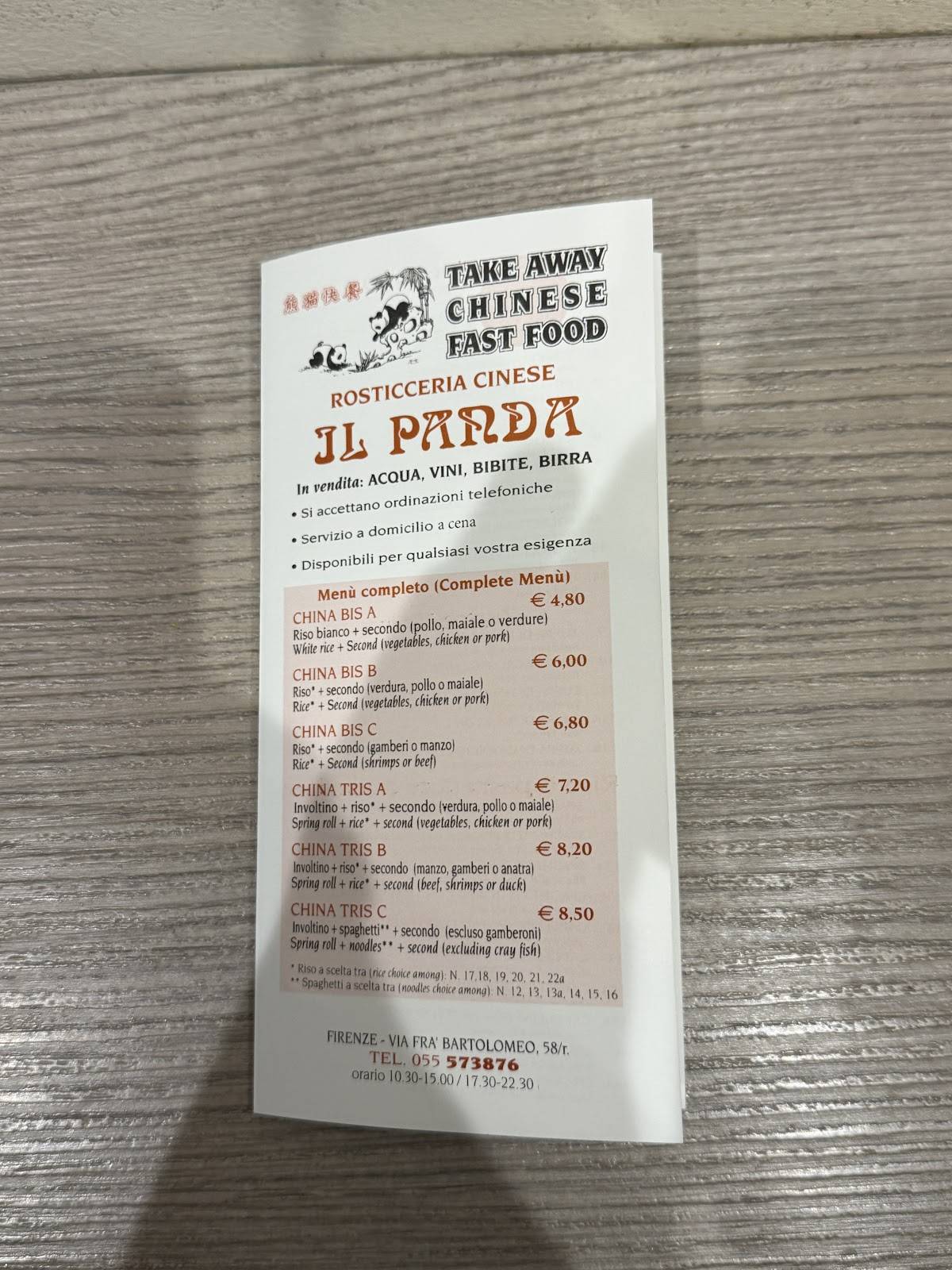 Menu di Rosticceria Cinese Il Panda Di Huang Shuhai 