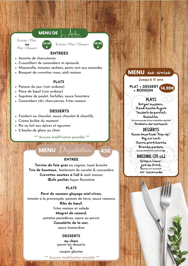 Menu de Restaurant l’Atelier