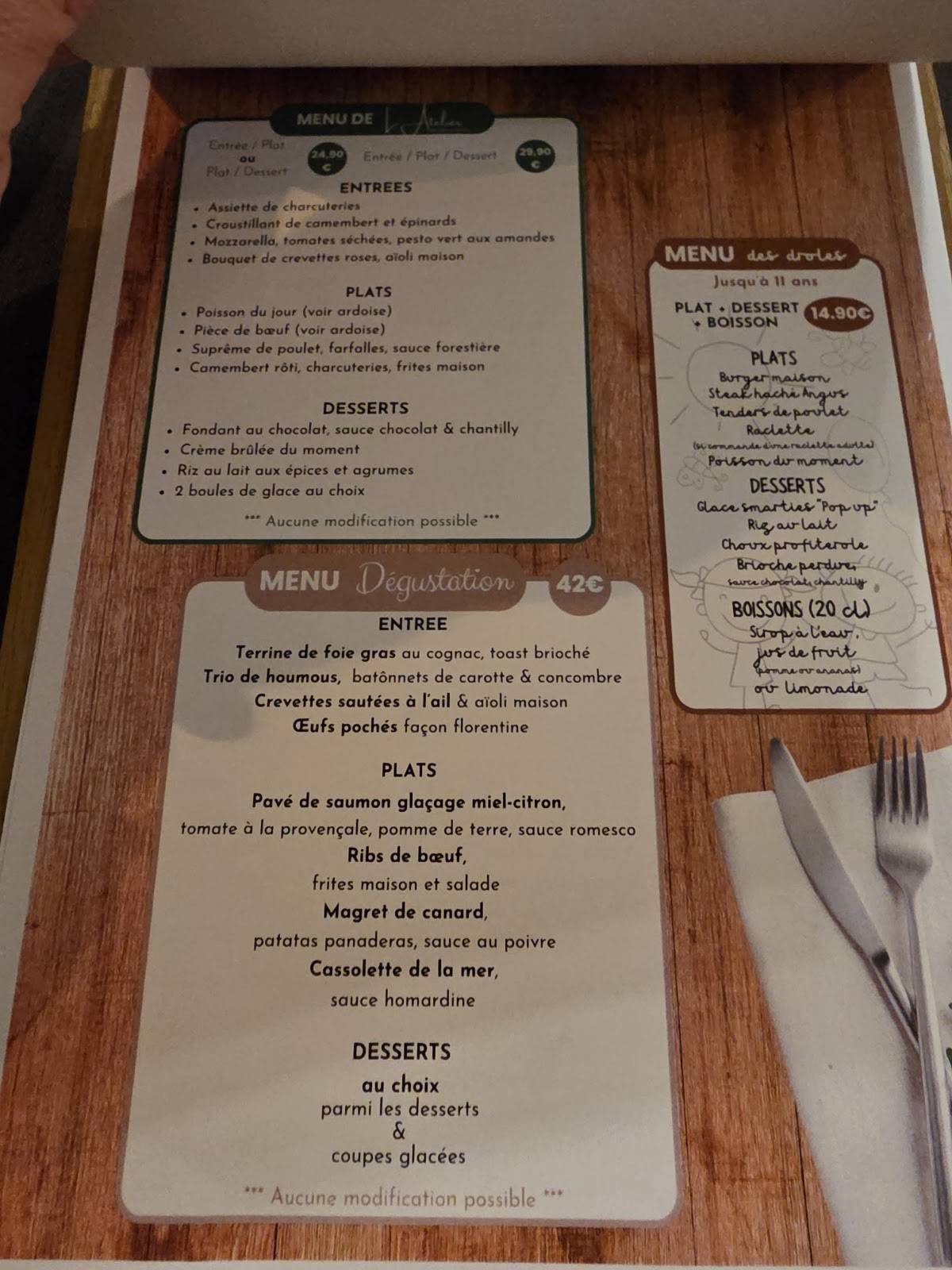 Menu de Restaurant l’Atelier
