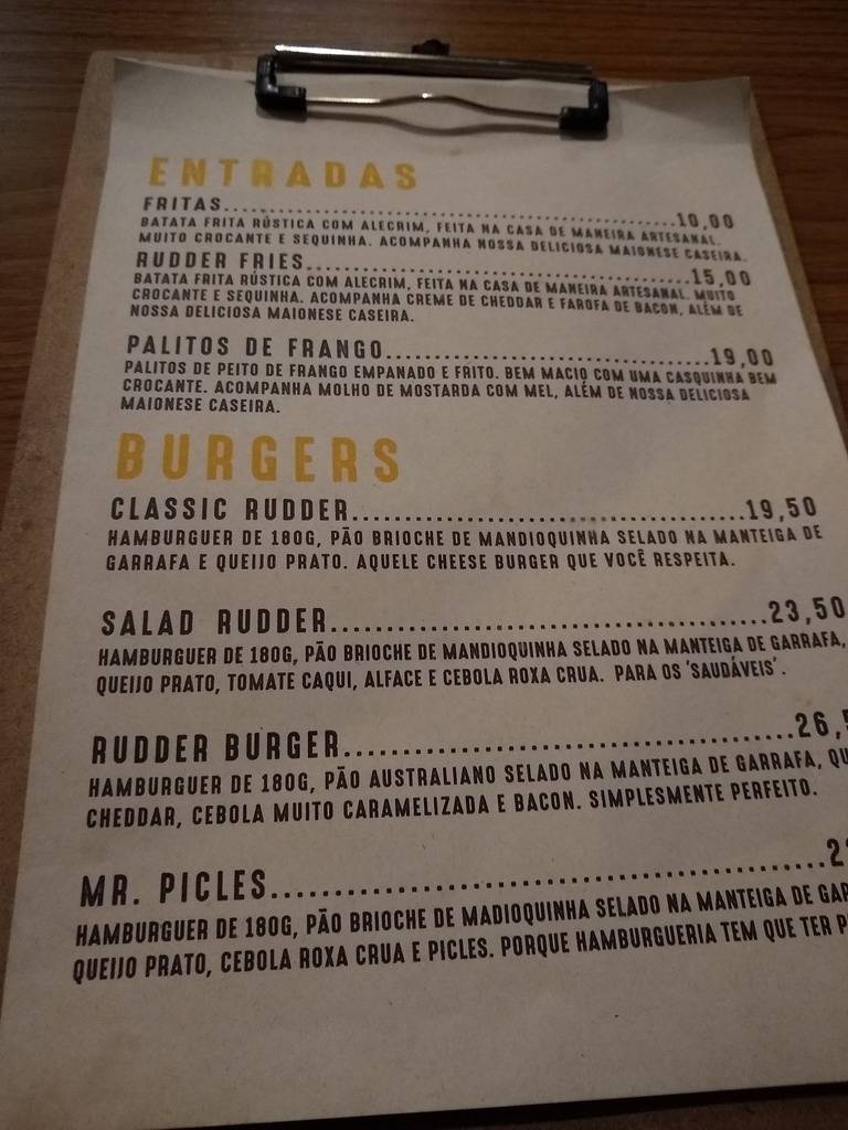 Rudder Burger cardápio